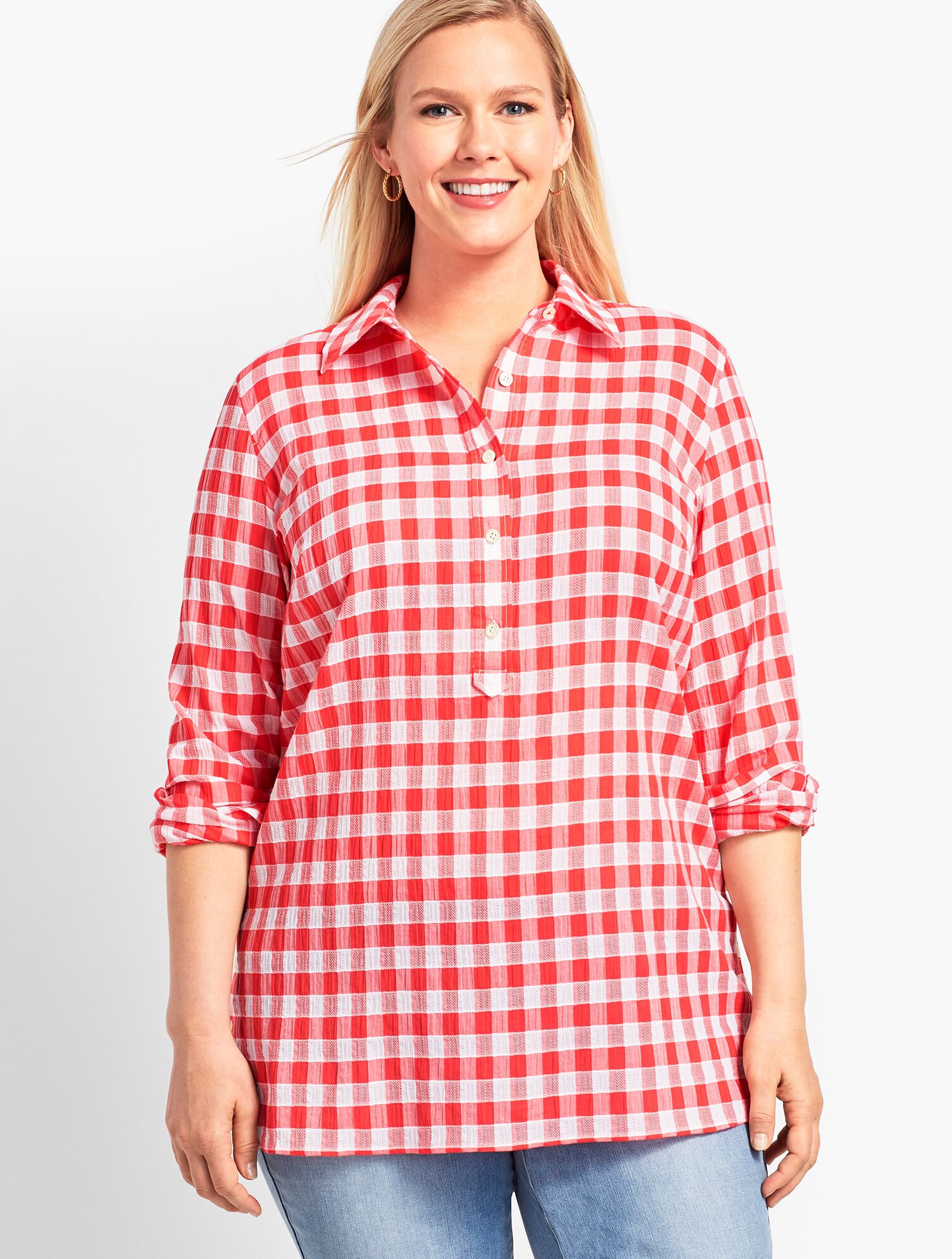 Dobby Popover Top-Gingham