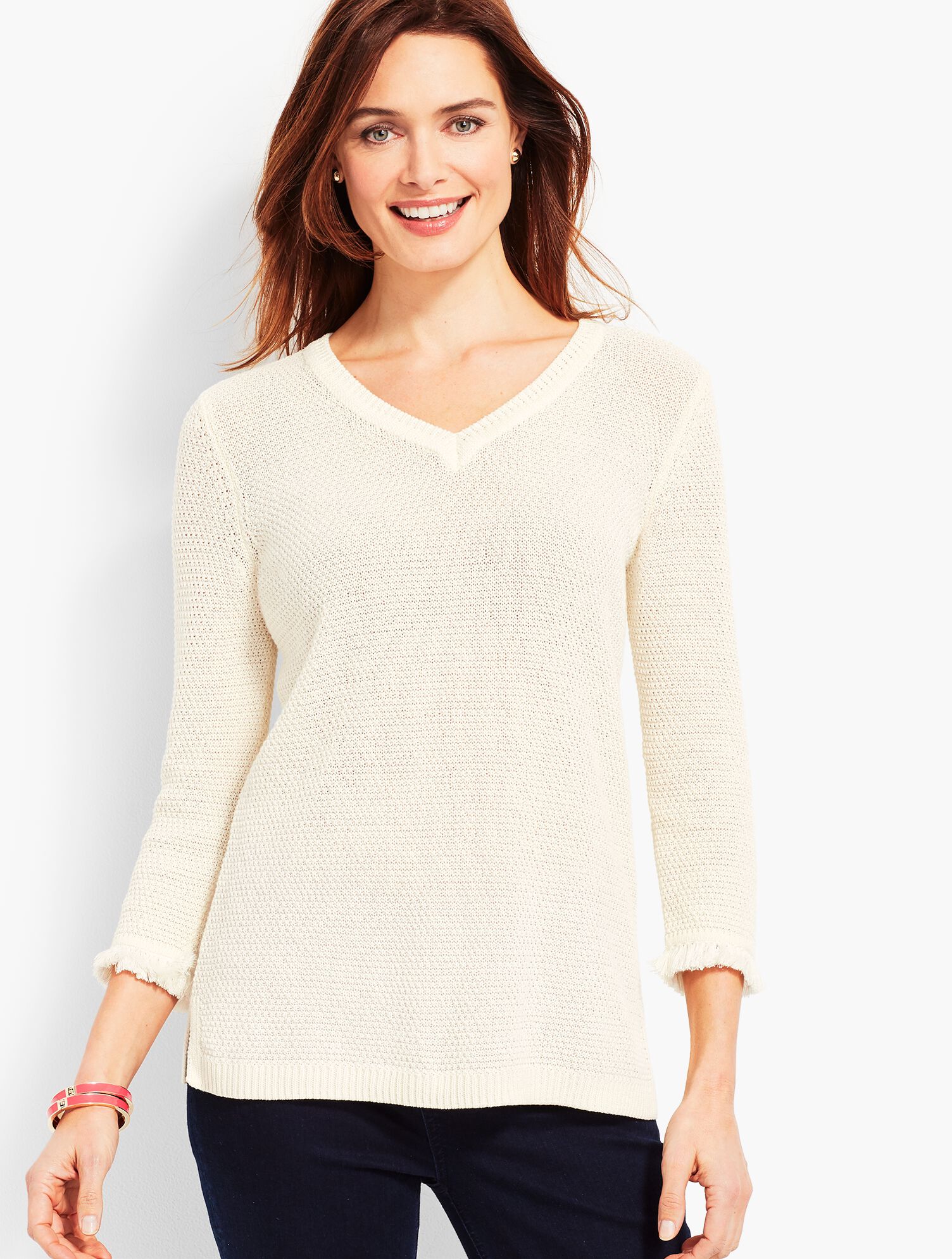 Textured V-Neck With Fringed-Trimmed Sleeves