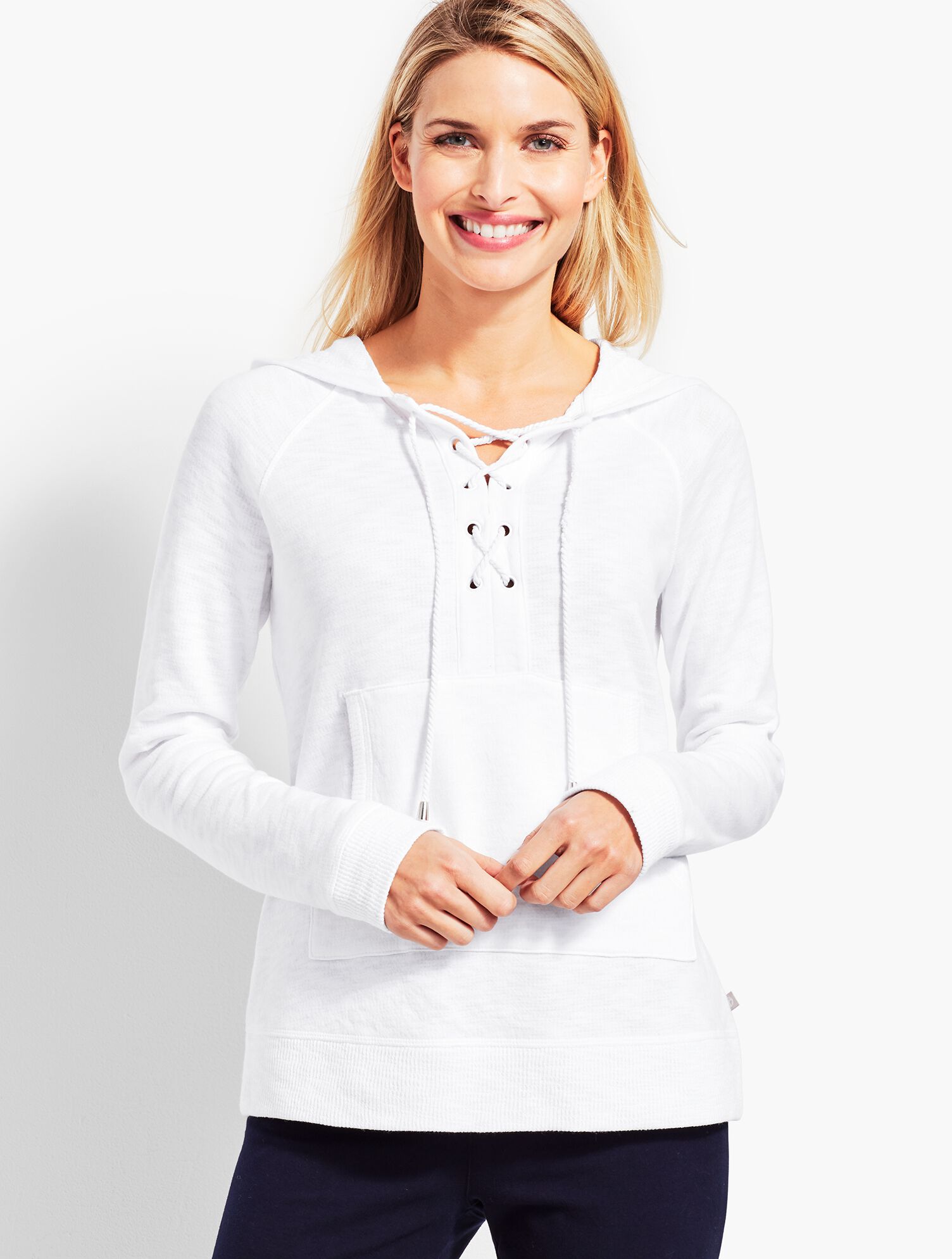 Lace-Front Double-Knit Hooded Pullover