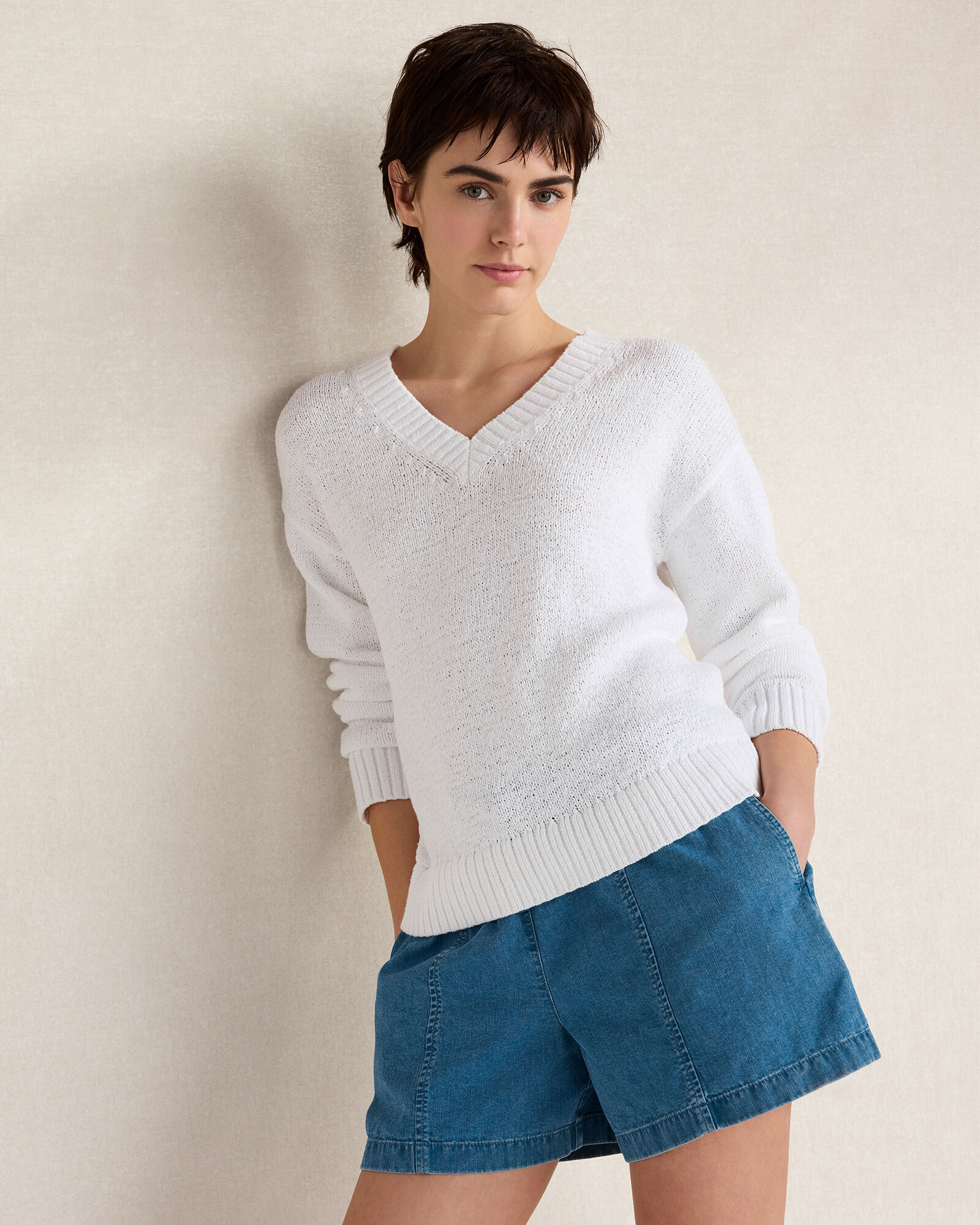 Cotton Blend Tape Yarn V-Neck Sweater