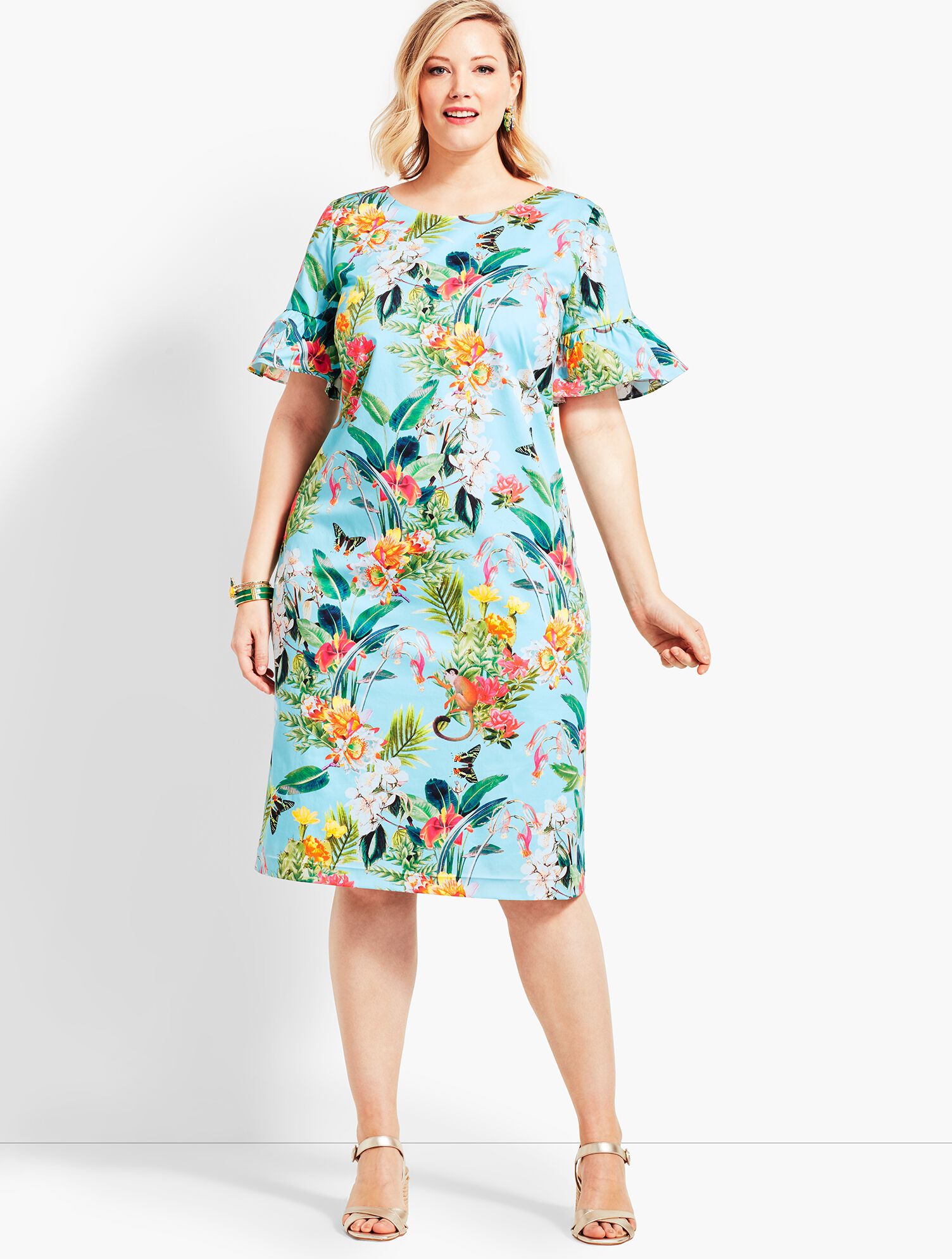 Botanical Flounce-Sleeve Sheath Dress
