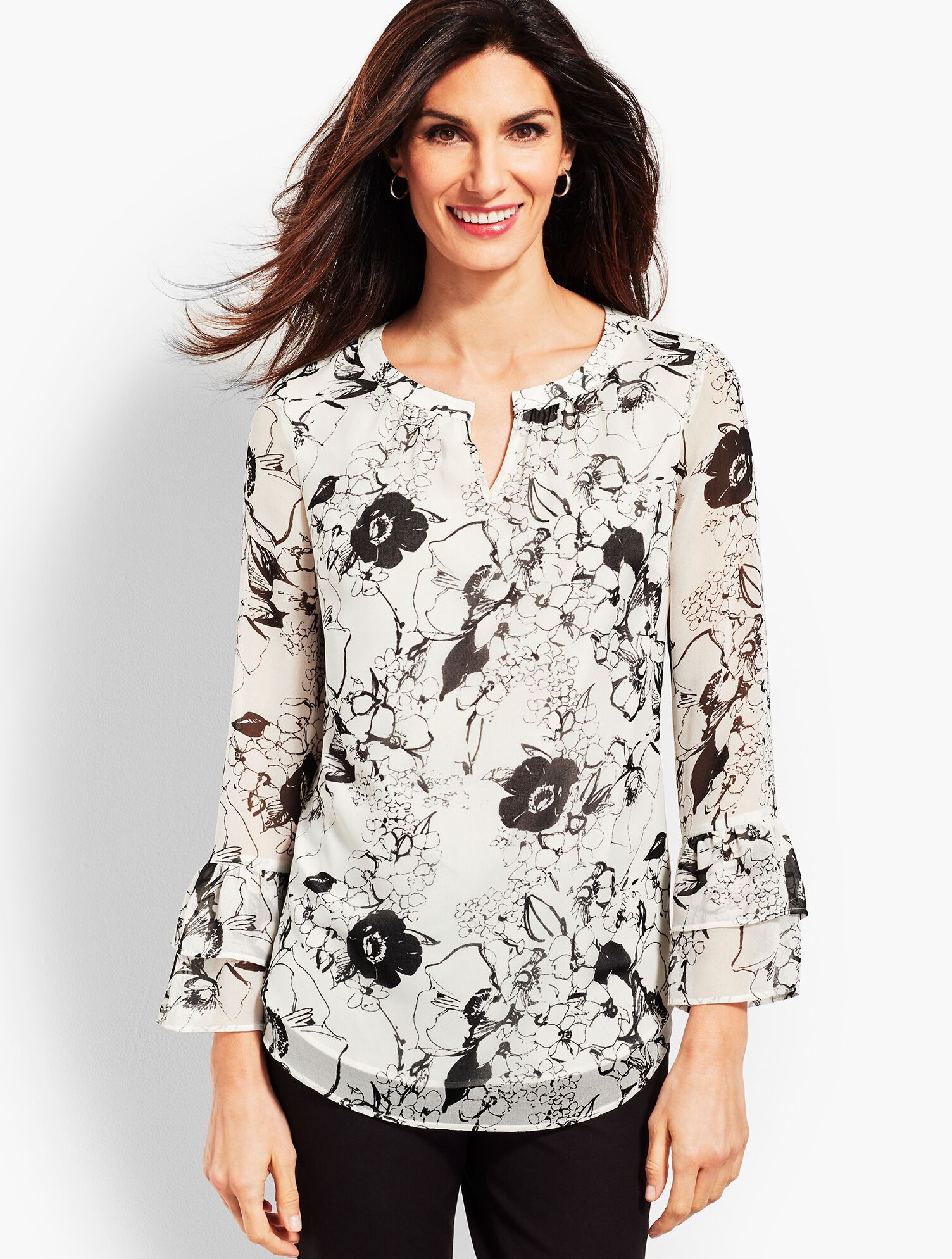 Split Neckline Popover Shirt - Sketched Floral