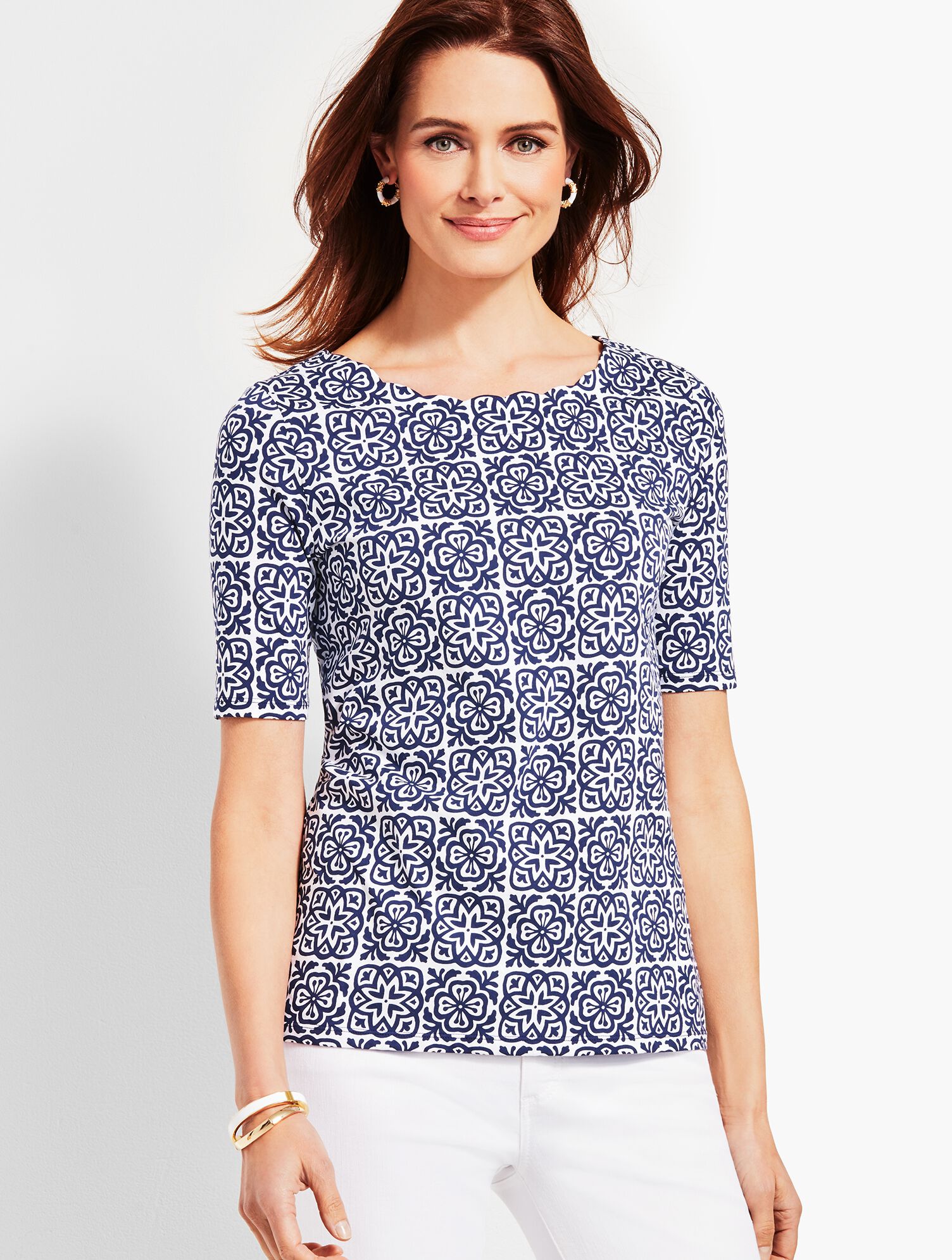 Scallop-Neck Elbow-Sleeve Tee-Tile Print