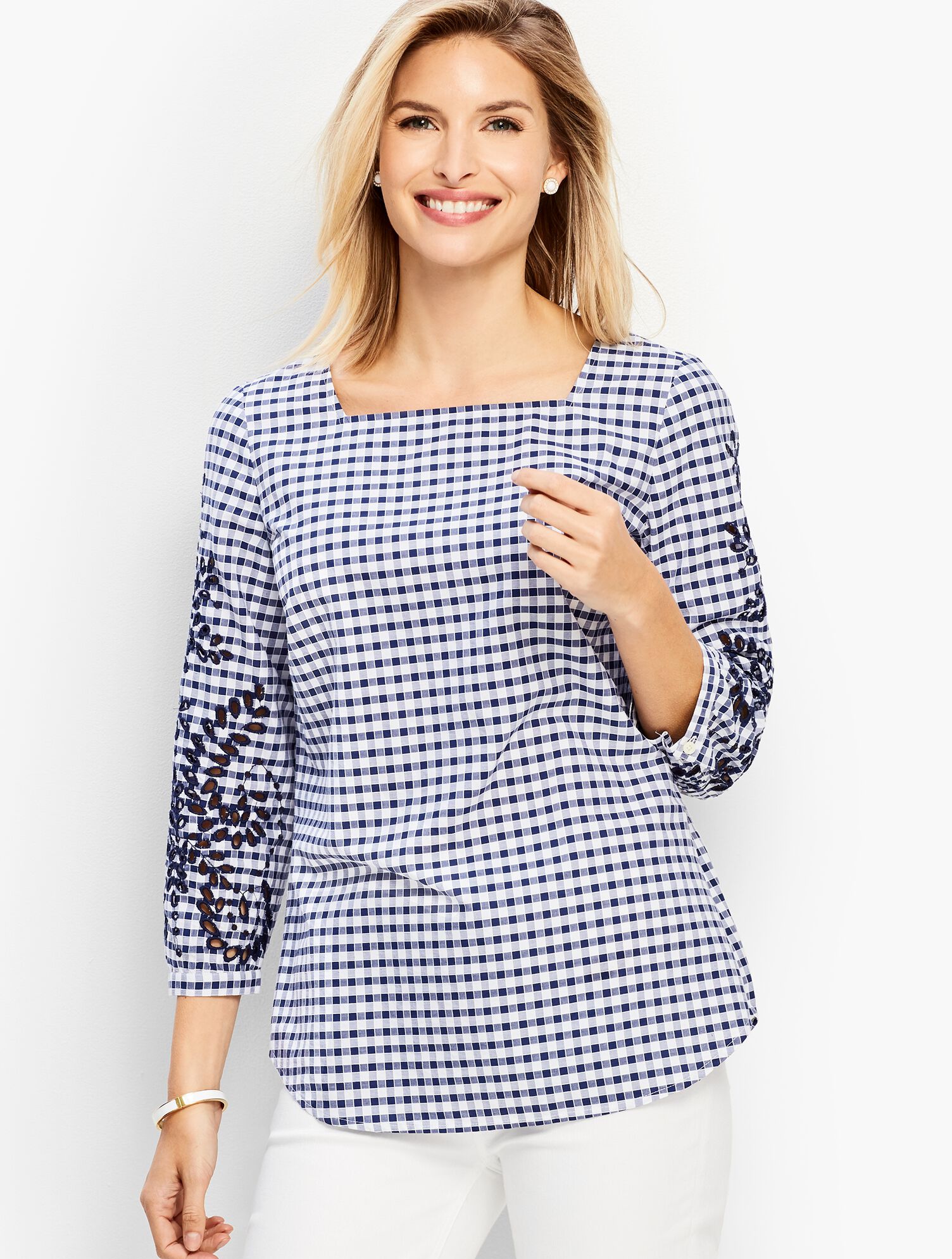 Embroidered-Sleeve Gingham Check Shirt