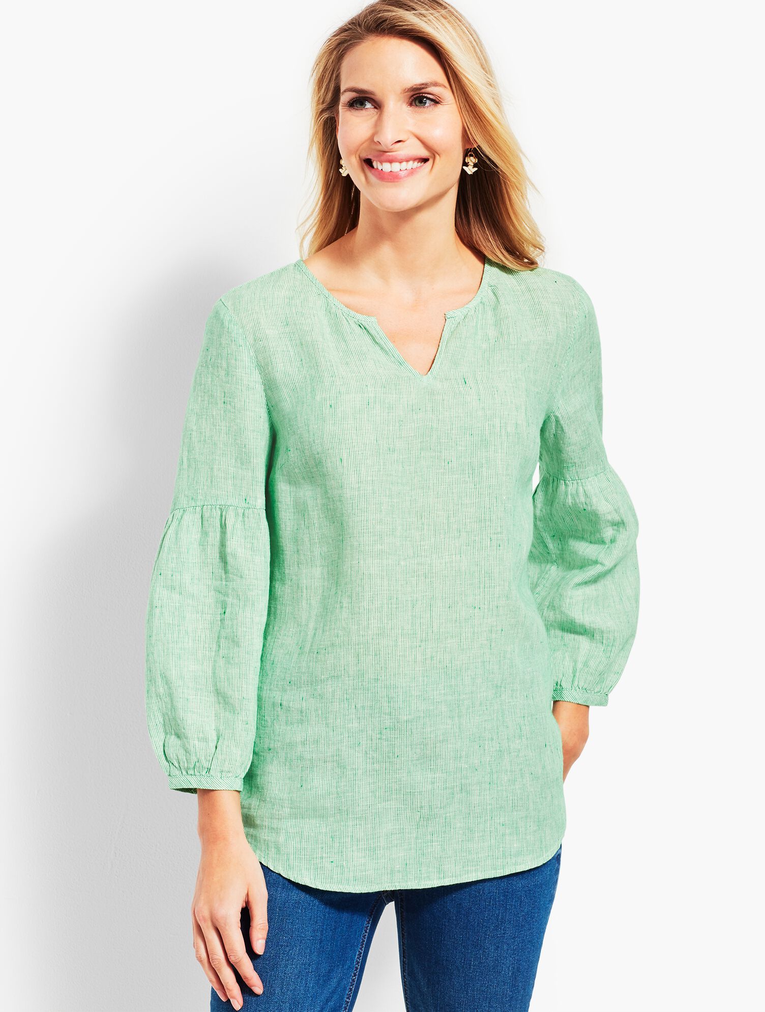 Linen Lantern-Sleeve Popover Shirt - Stripe