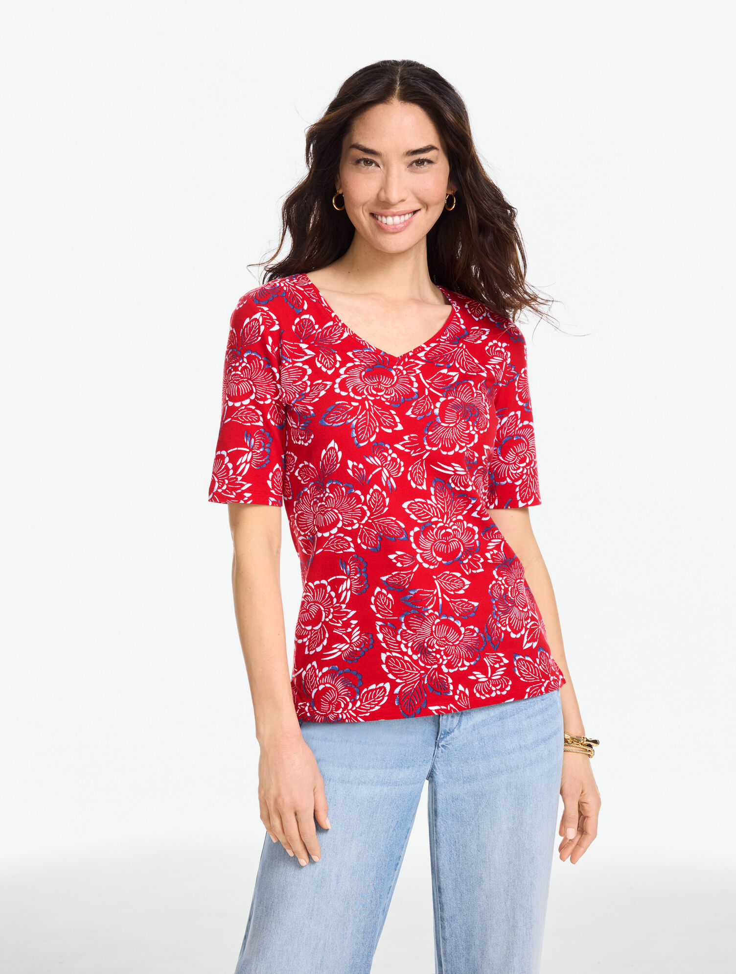 Elbow Sleeve V-Neck Tee - Capri Rose