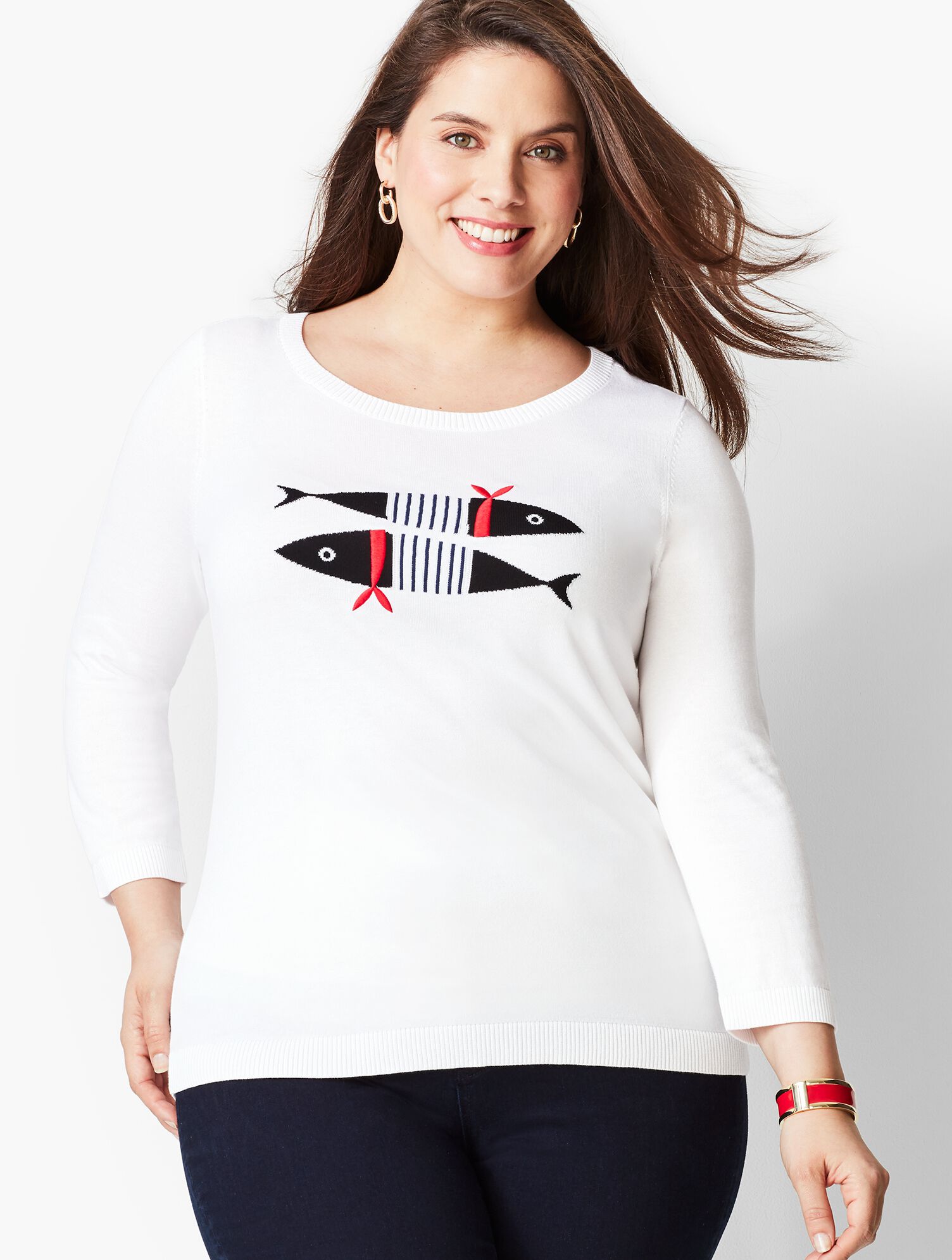 Three-Quarter-Sleeve Striped Fish Sweater