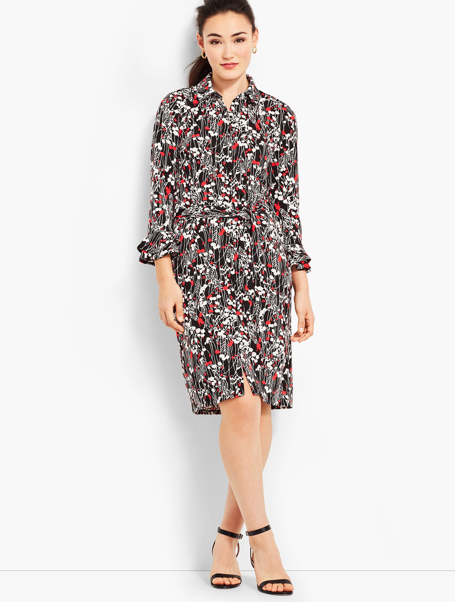 Ruffle-Sleeve Jersey Shirtdress - Vine-Print