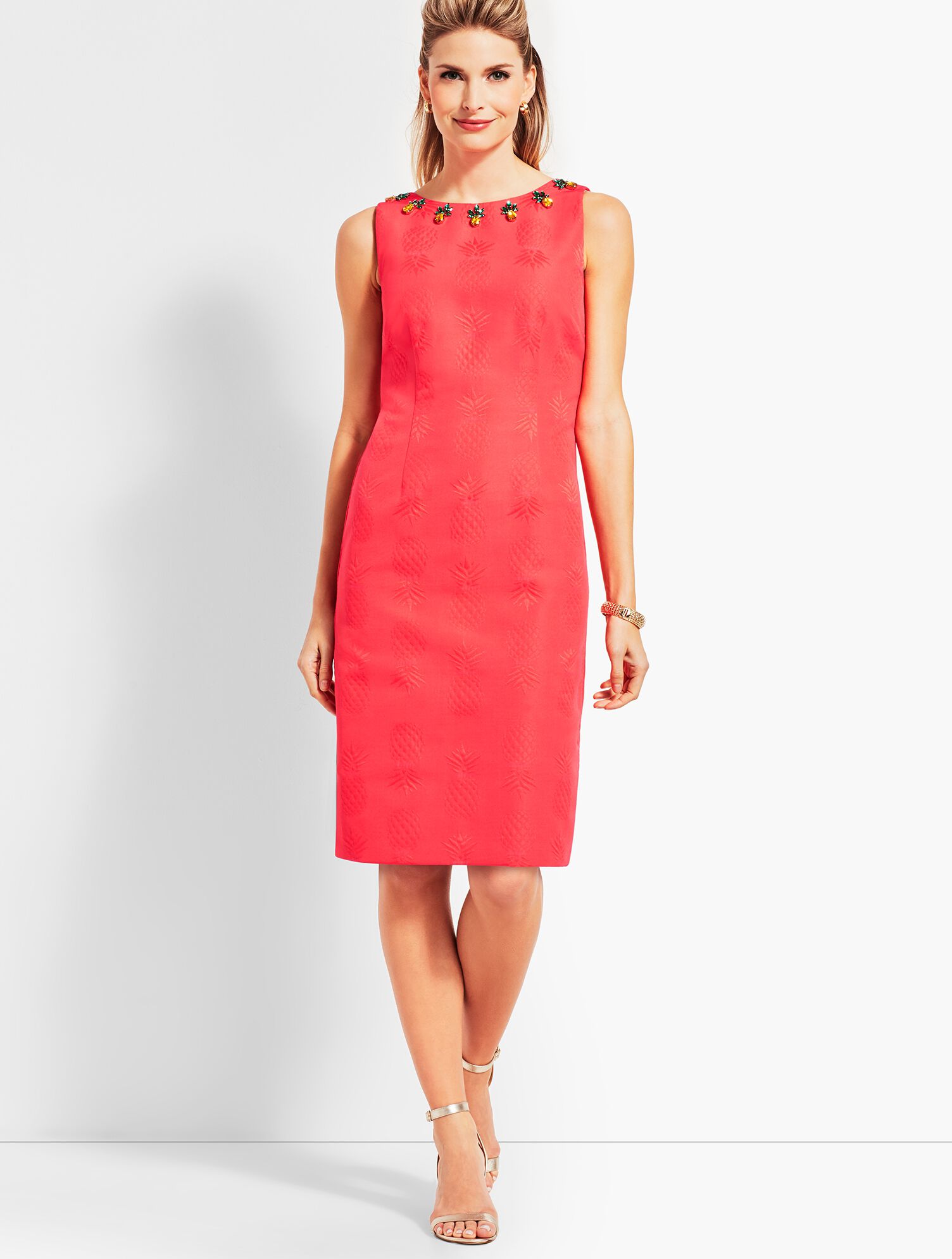 Pineapple-Embellished Matelass&eacute; Sheath Dress