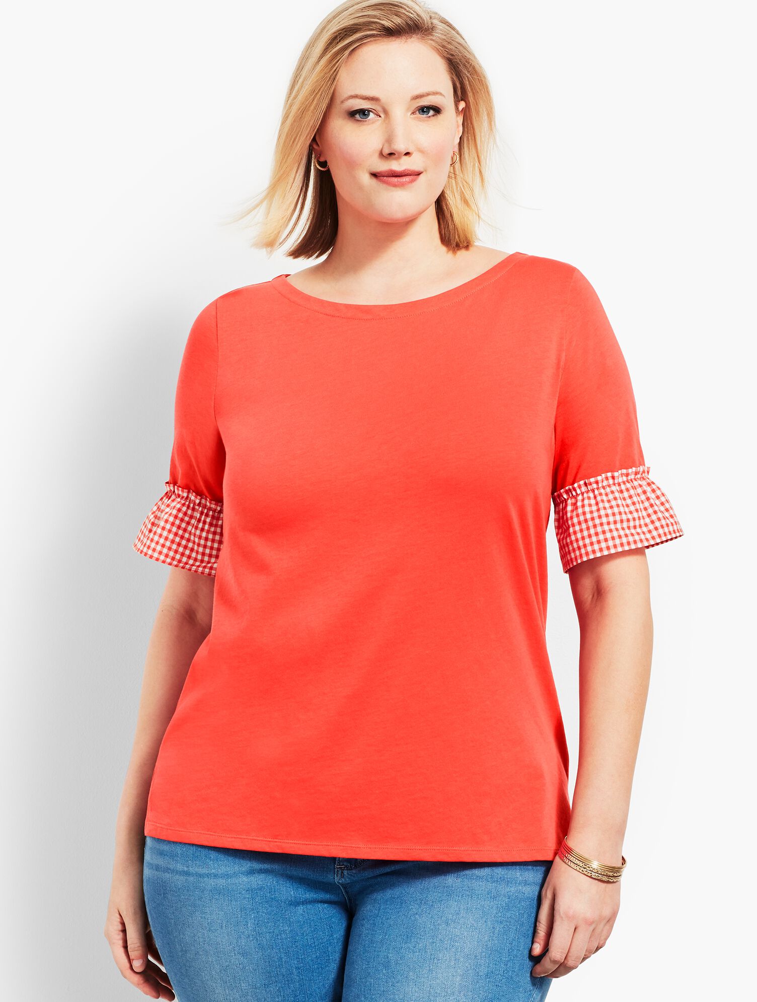 Gingham-Sleeve Top