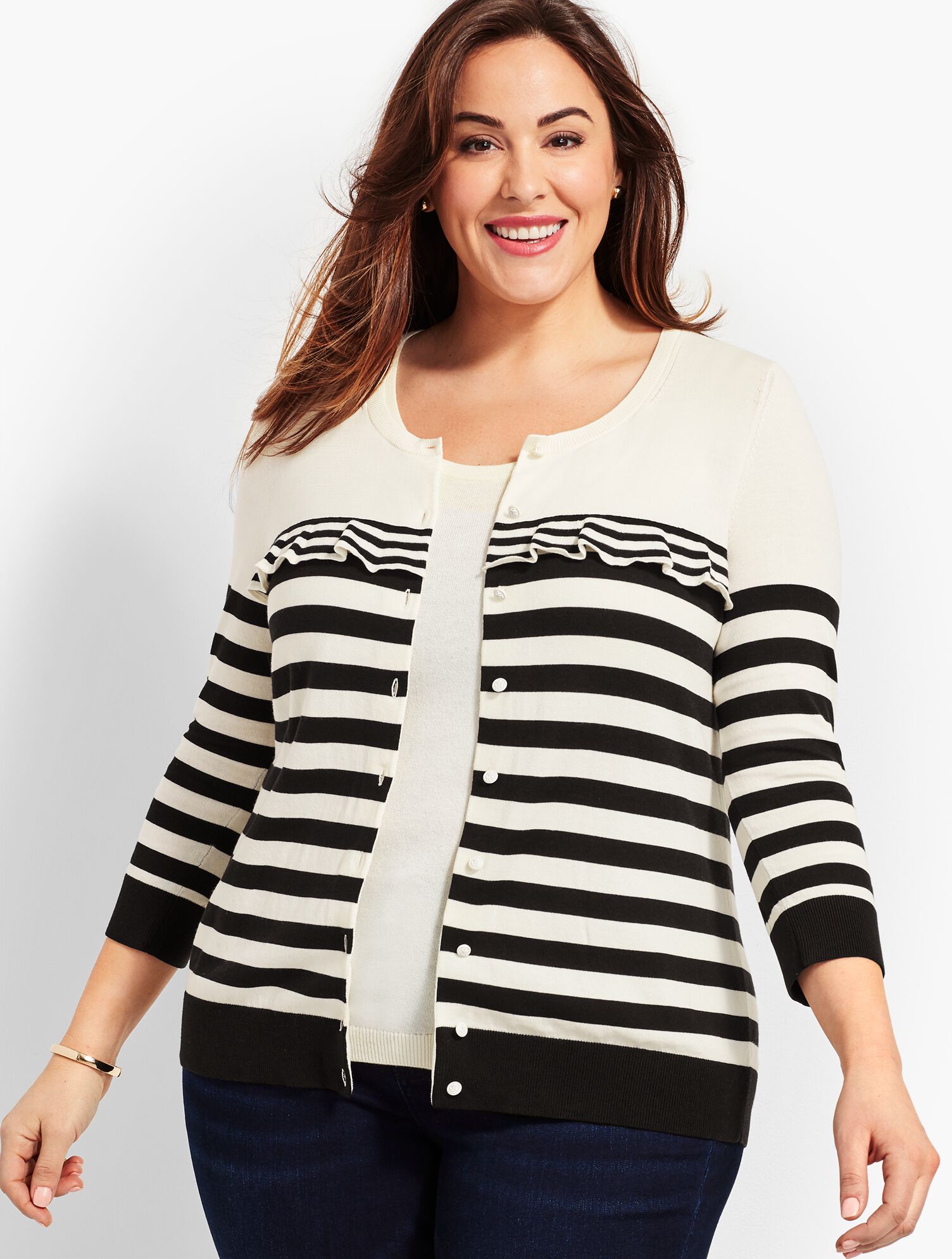 Charming Cardigan - Stripe Ruffle Yoke