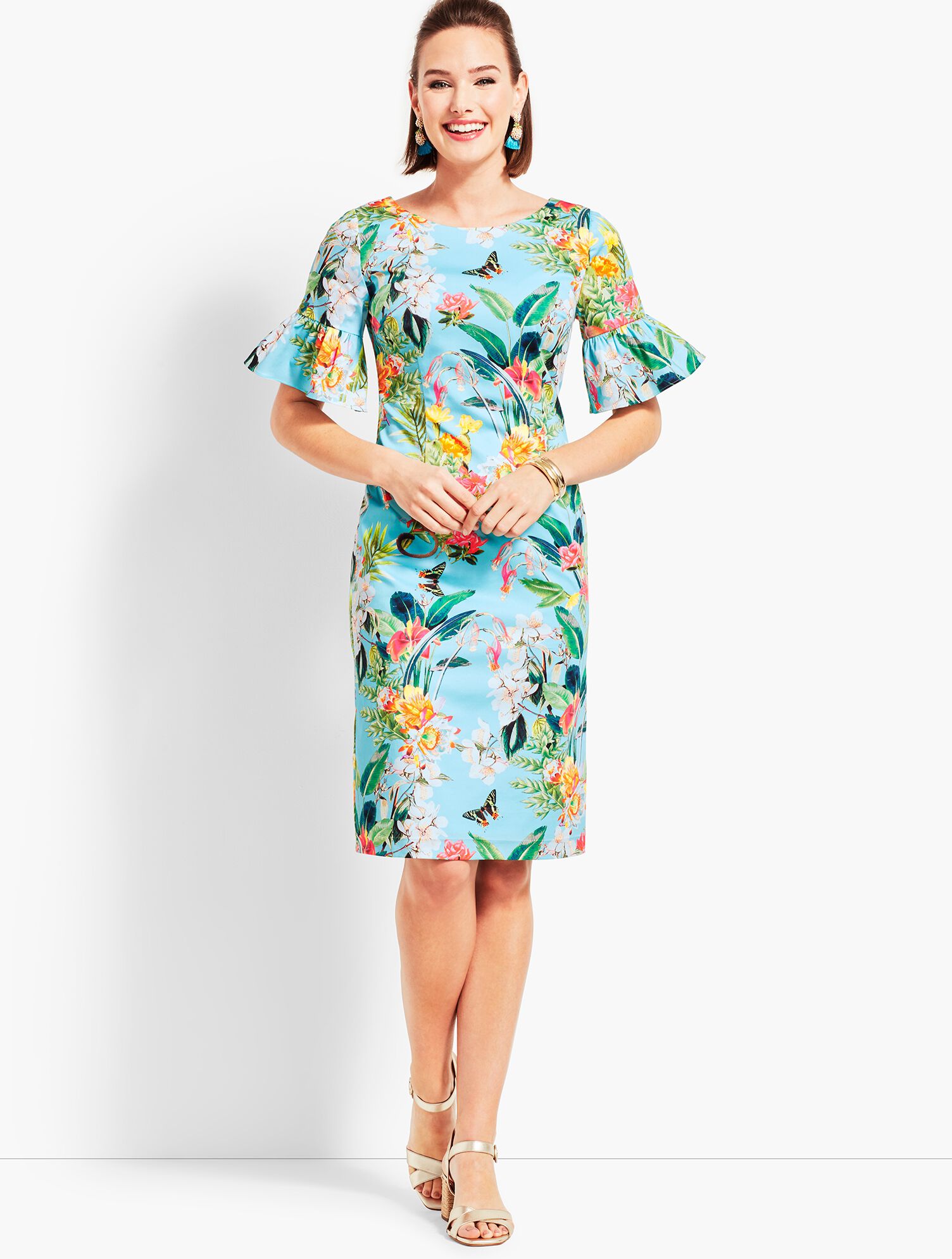 Botanical Flounce-Sleeve Sheath Dress