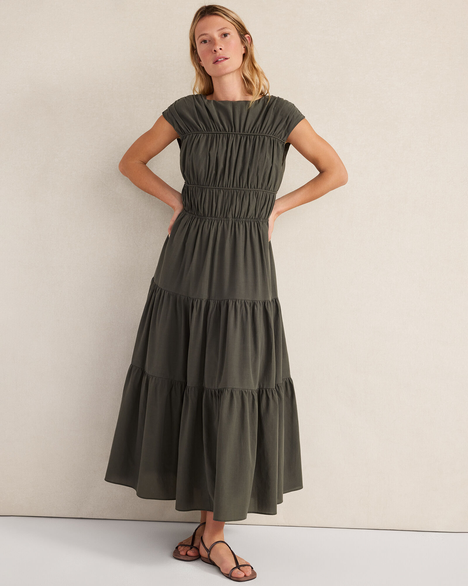 Cotton Voile Ruched Maxi Dress