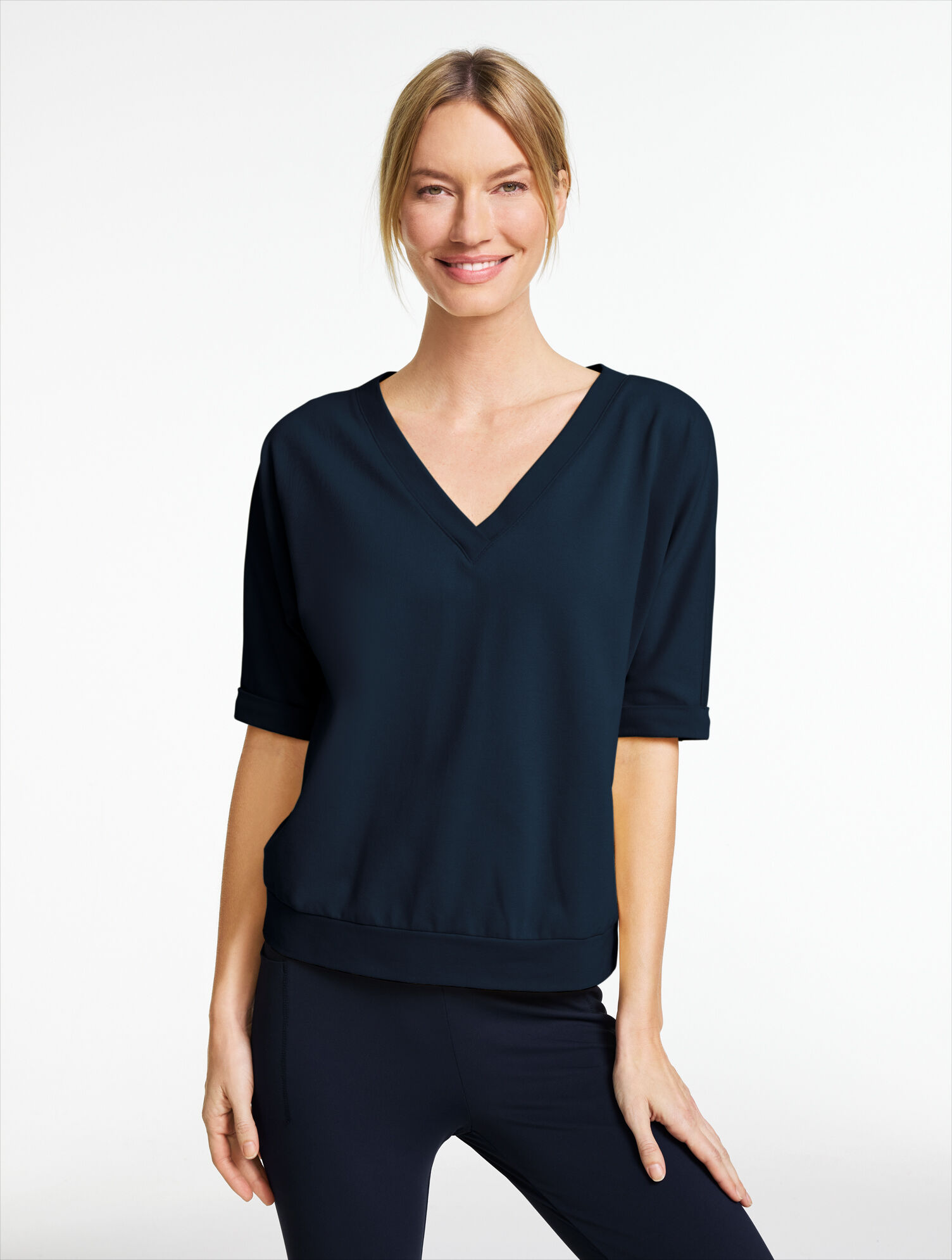 Piqu&eacute; Elbow Sleeve V-Neck Tee