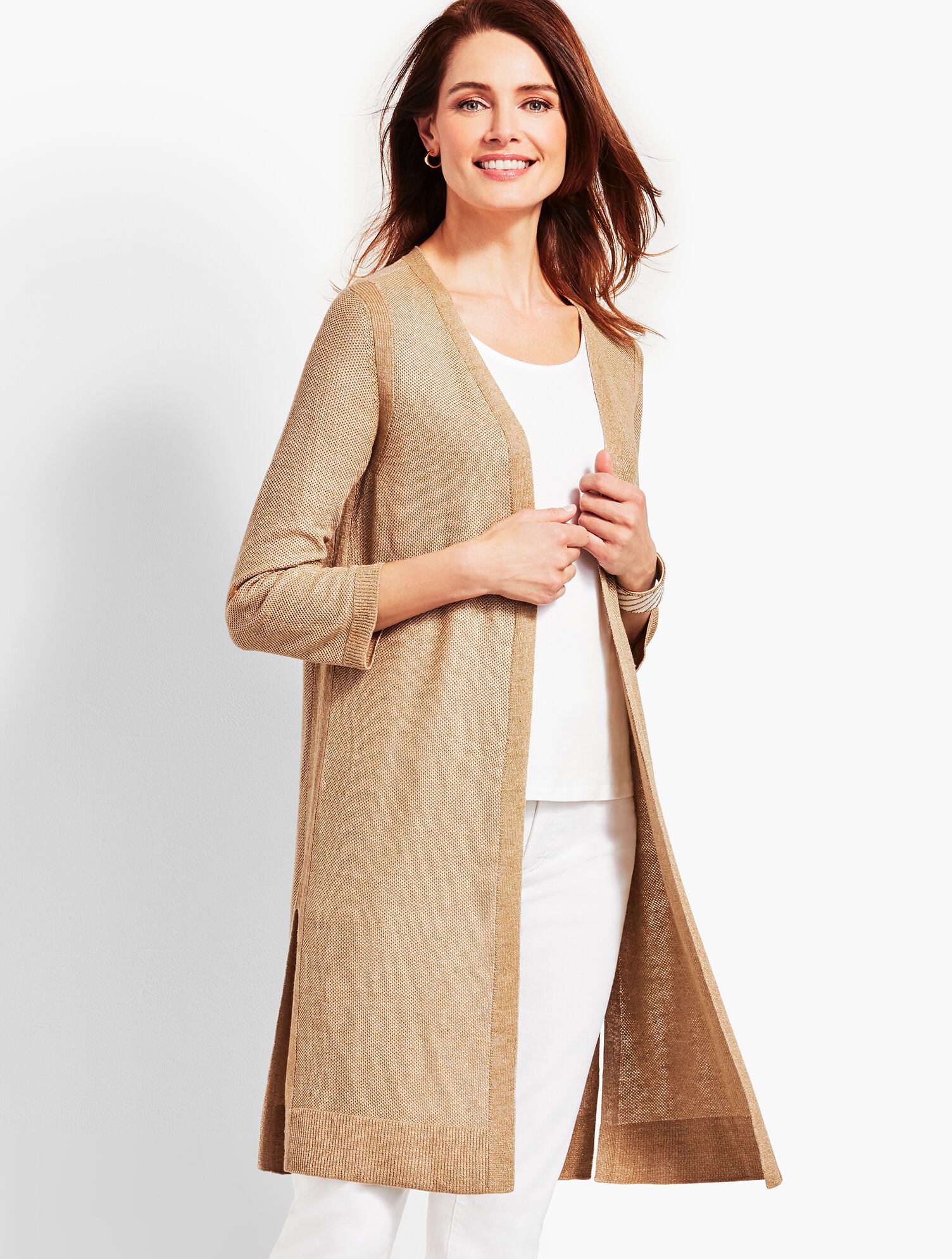 Textured Linen Roll-Tab Long Duster - Metallic