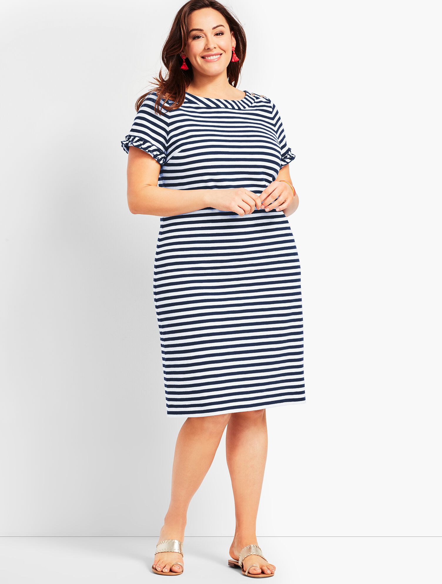 Ruffle-Sleeve Slub Jersey Stripe Shift Dress