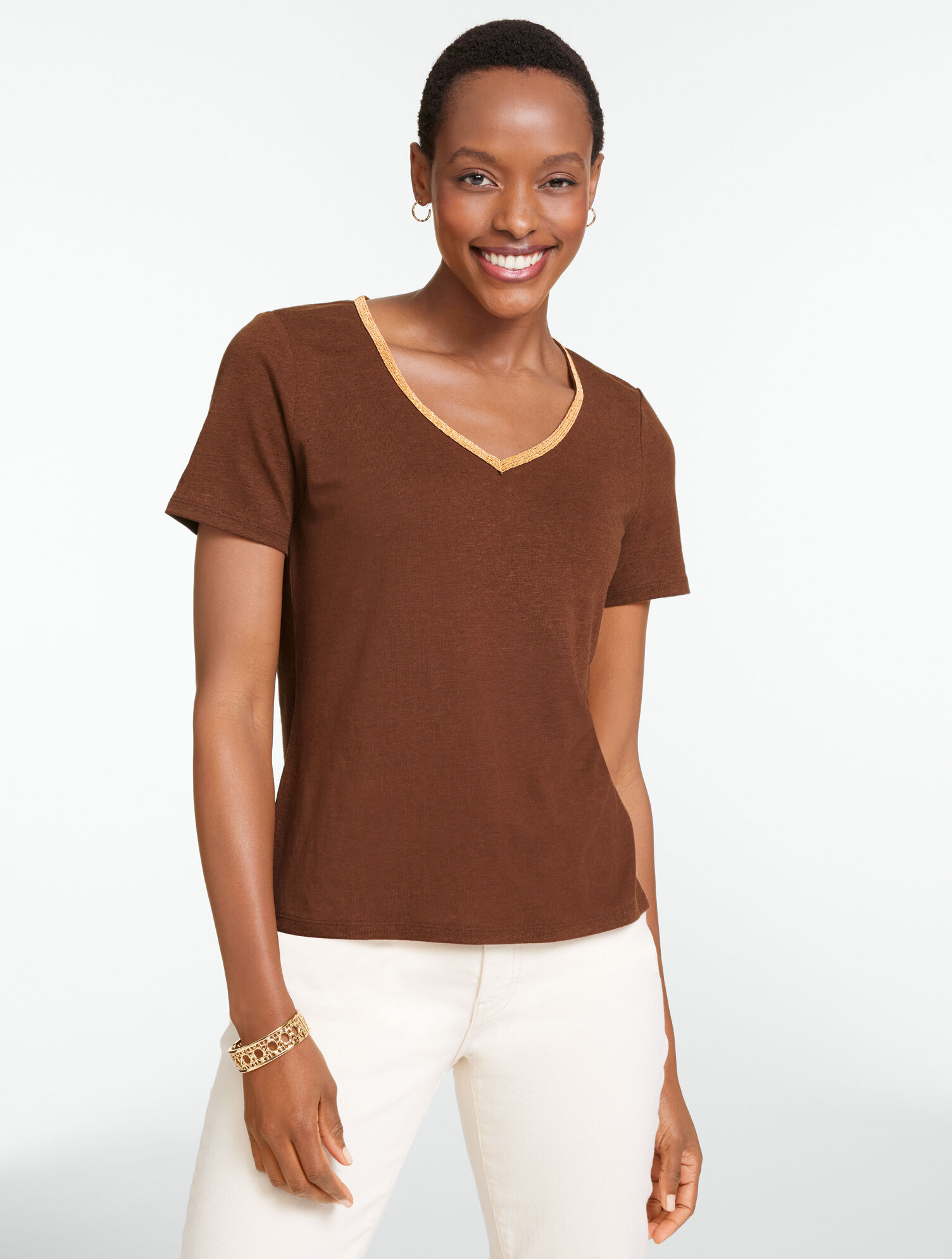 Beaded Linen Blend V-Neck Tee