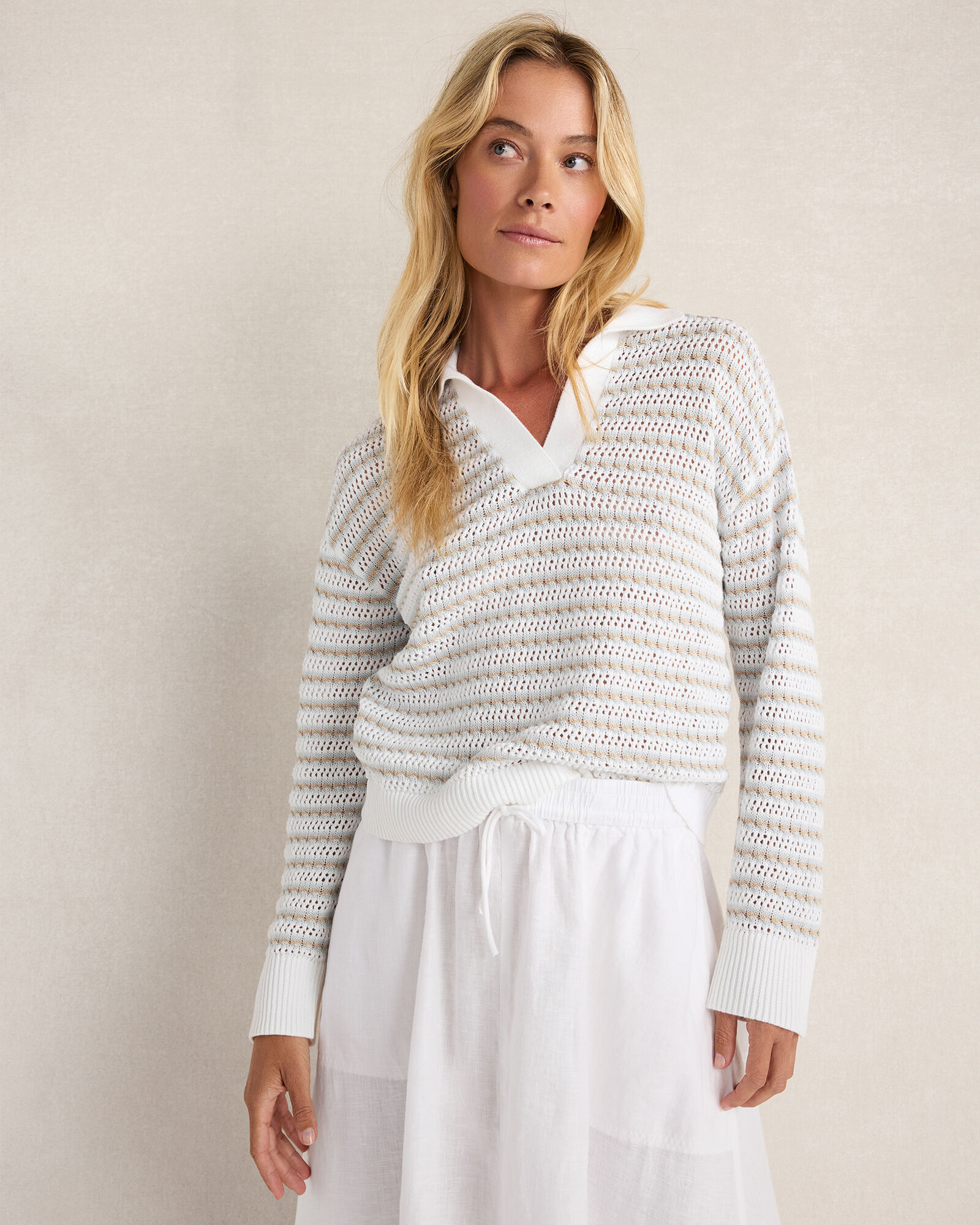 Organic Cotton Stripe Mixed Stitch Johnny Collar Sweater