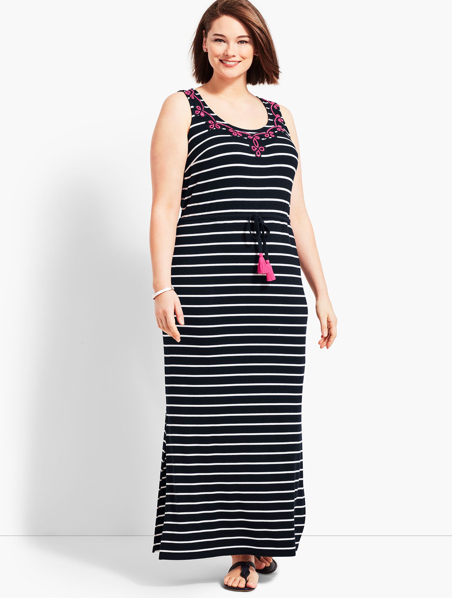 Embroidered Tassel-Belt Stripe Jersey Maxi Dress