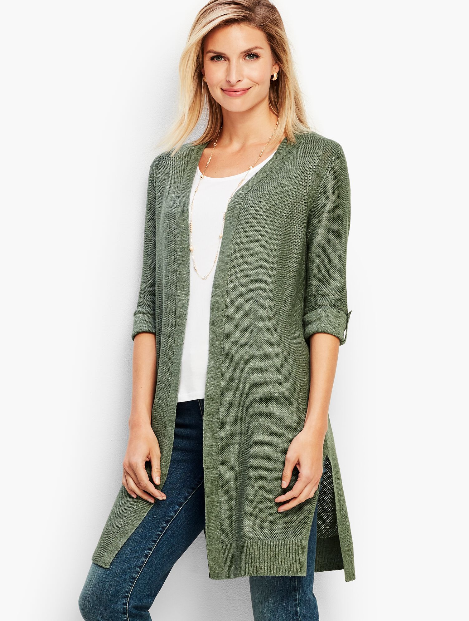 Textured Linen Roll-Tab Long Duster