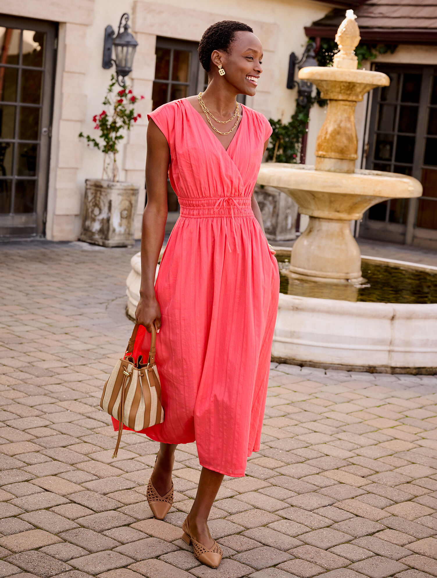 Extended Shoulder Fit &amp; Flare Dress - Dobby Stripe