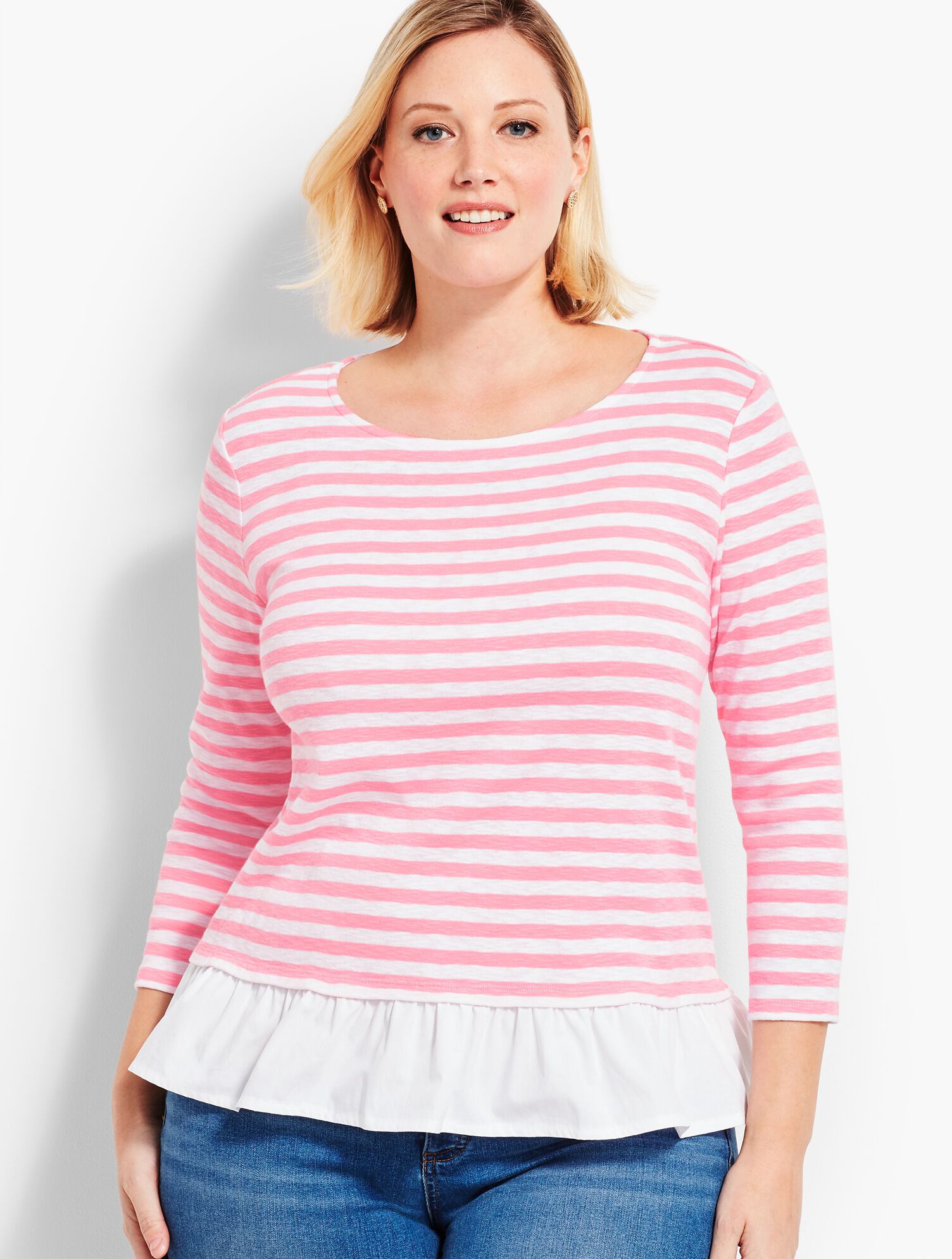 Flounce-Hem Stripe Top Crewneck