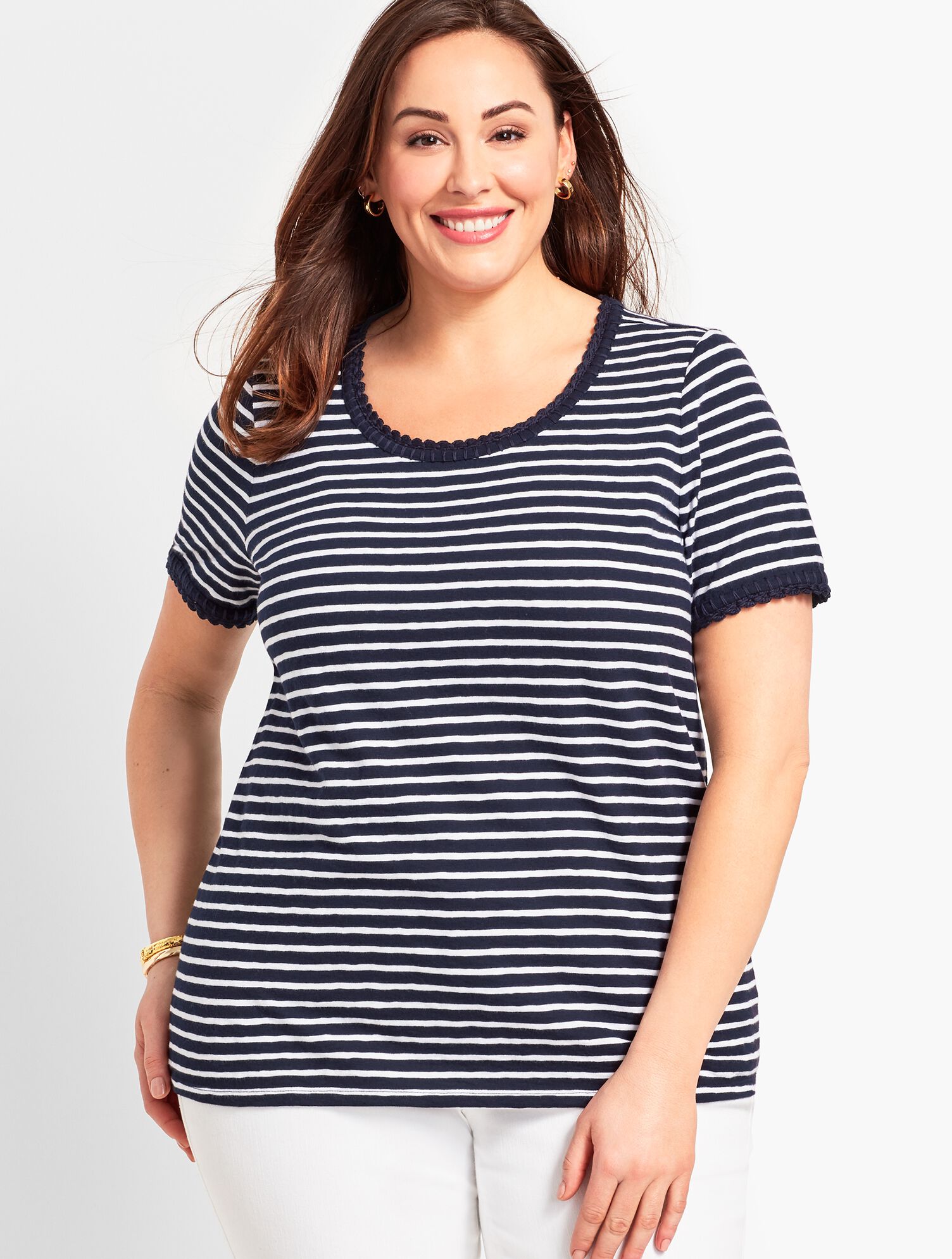 Crochet-Trim Stripe Scoop-Neck Tee