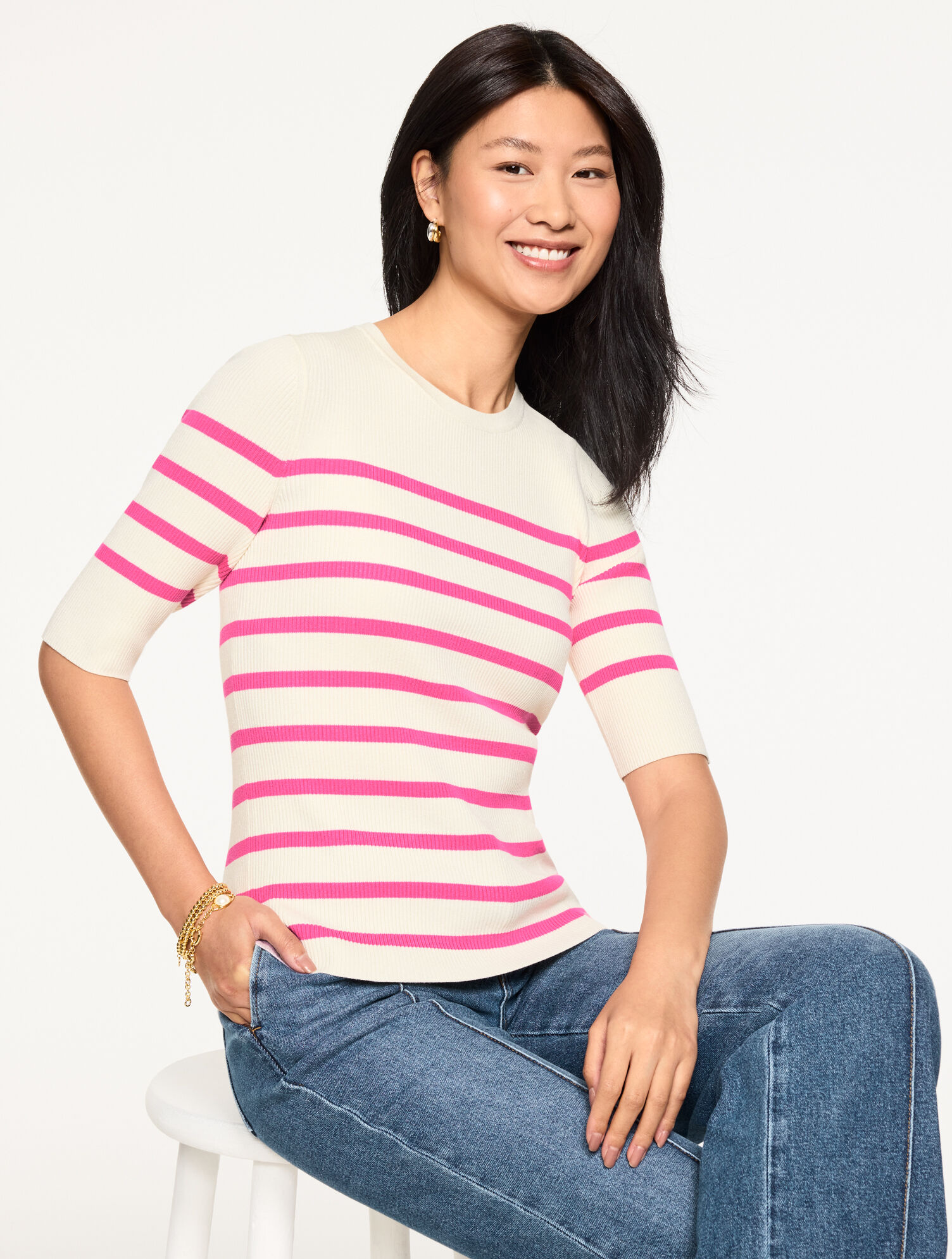 Elbow Sleeve Ribbed Crewneck Sweater - Stripe