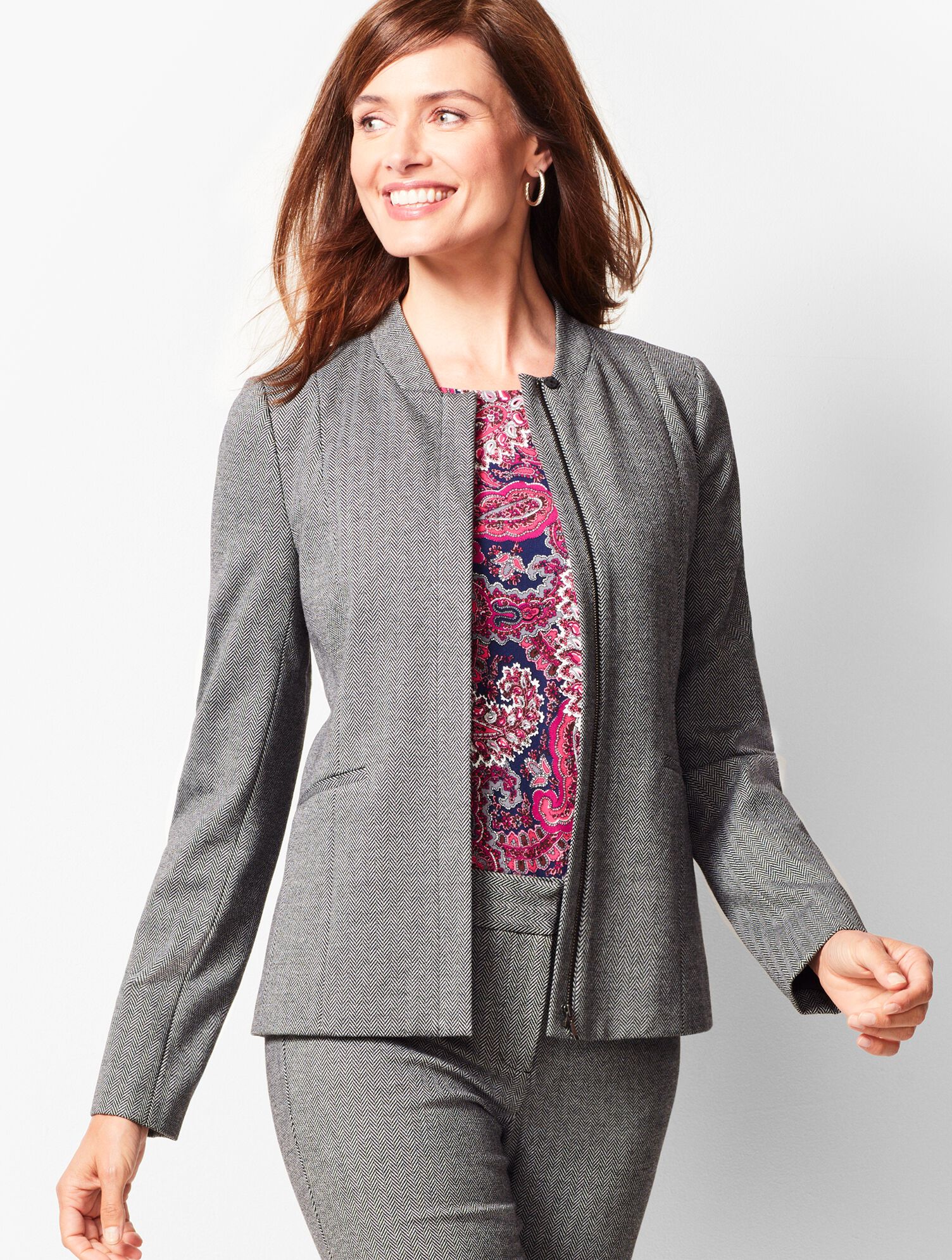 Italian Luxe Knit Herringbone Zip-Front Jacket