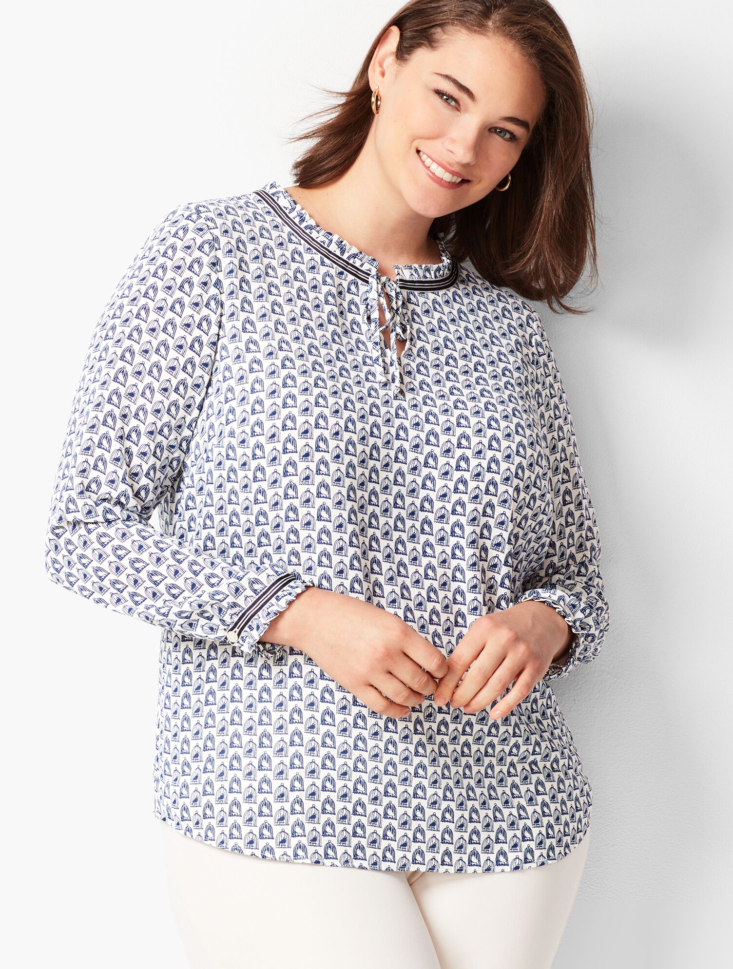 Grosgrain-Trim Crinkle Blouse - Print