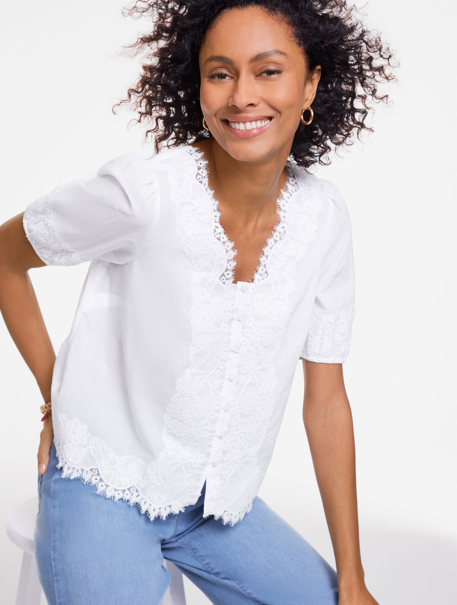 Lace Trim Voile Elbow Sleeve Top