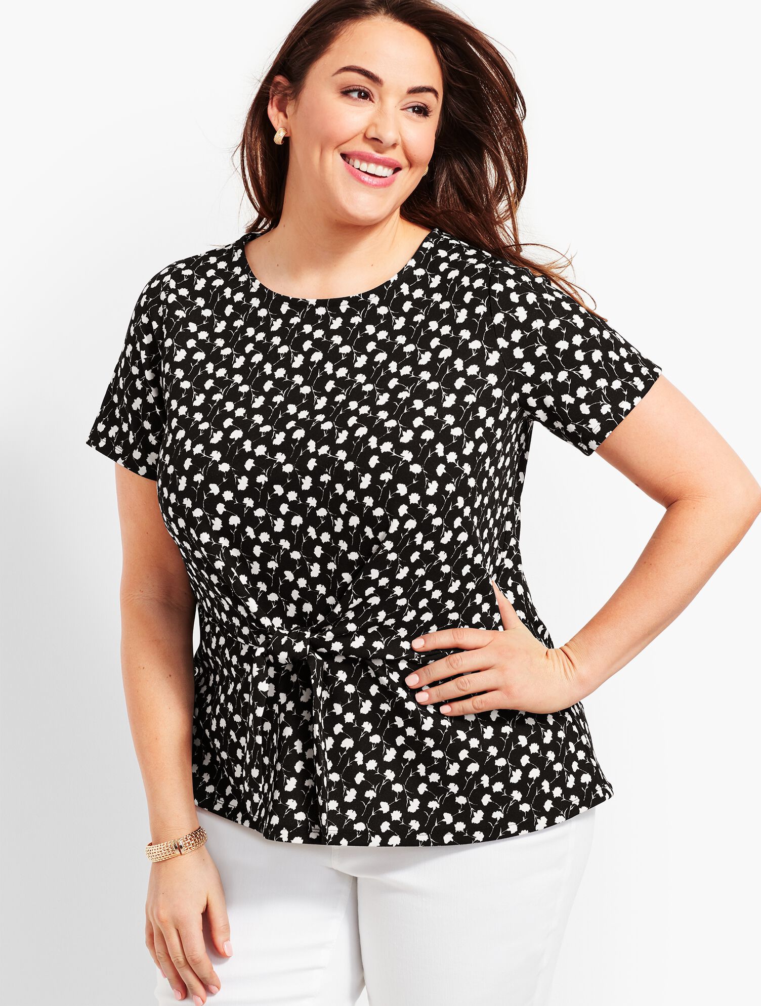 Breezy Floral Tie-Front Topper with Peplum