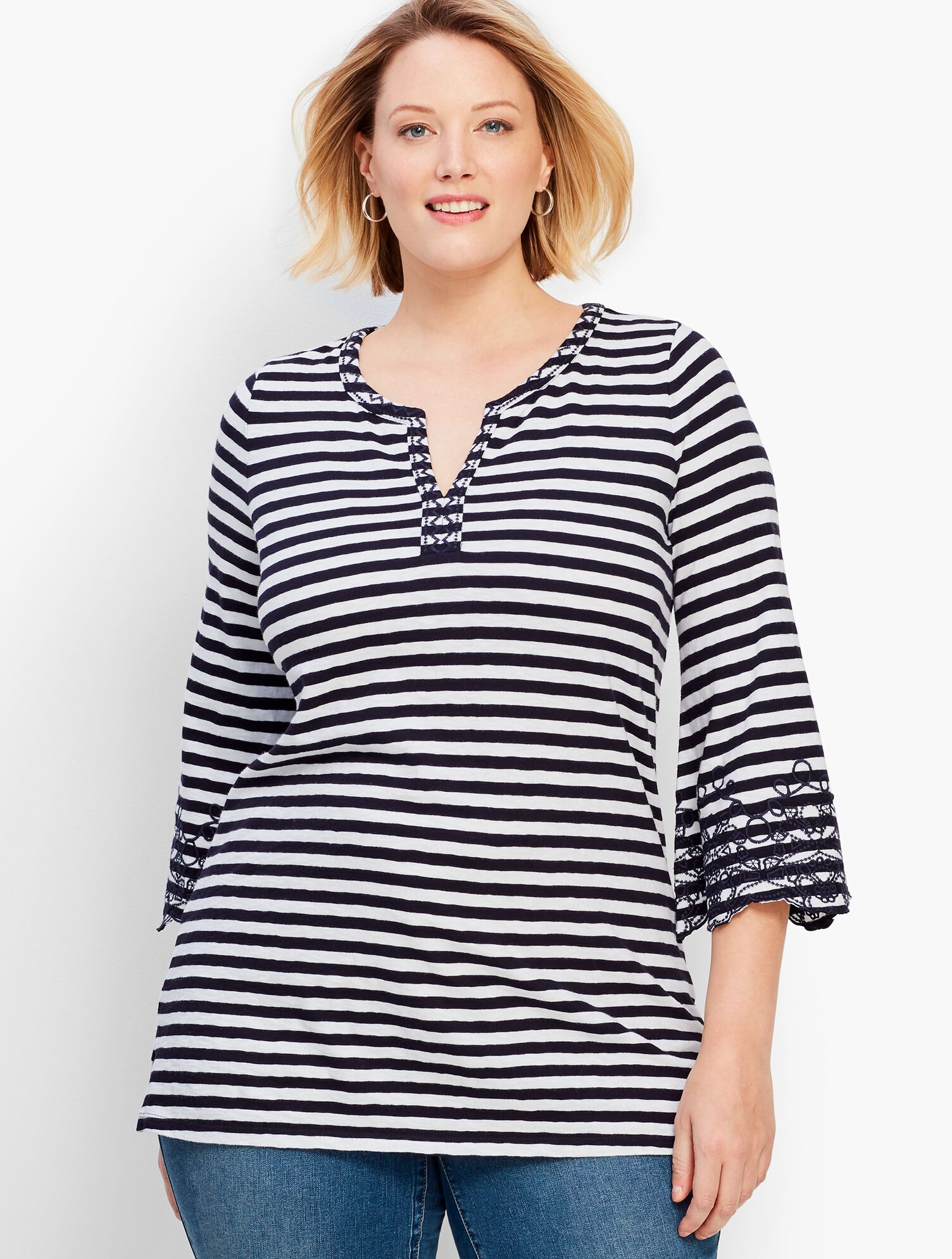 Ocean City Stripe Embroidered Flare-Sleeve Split-Neck Tunic