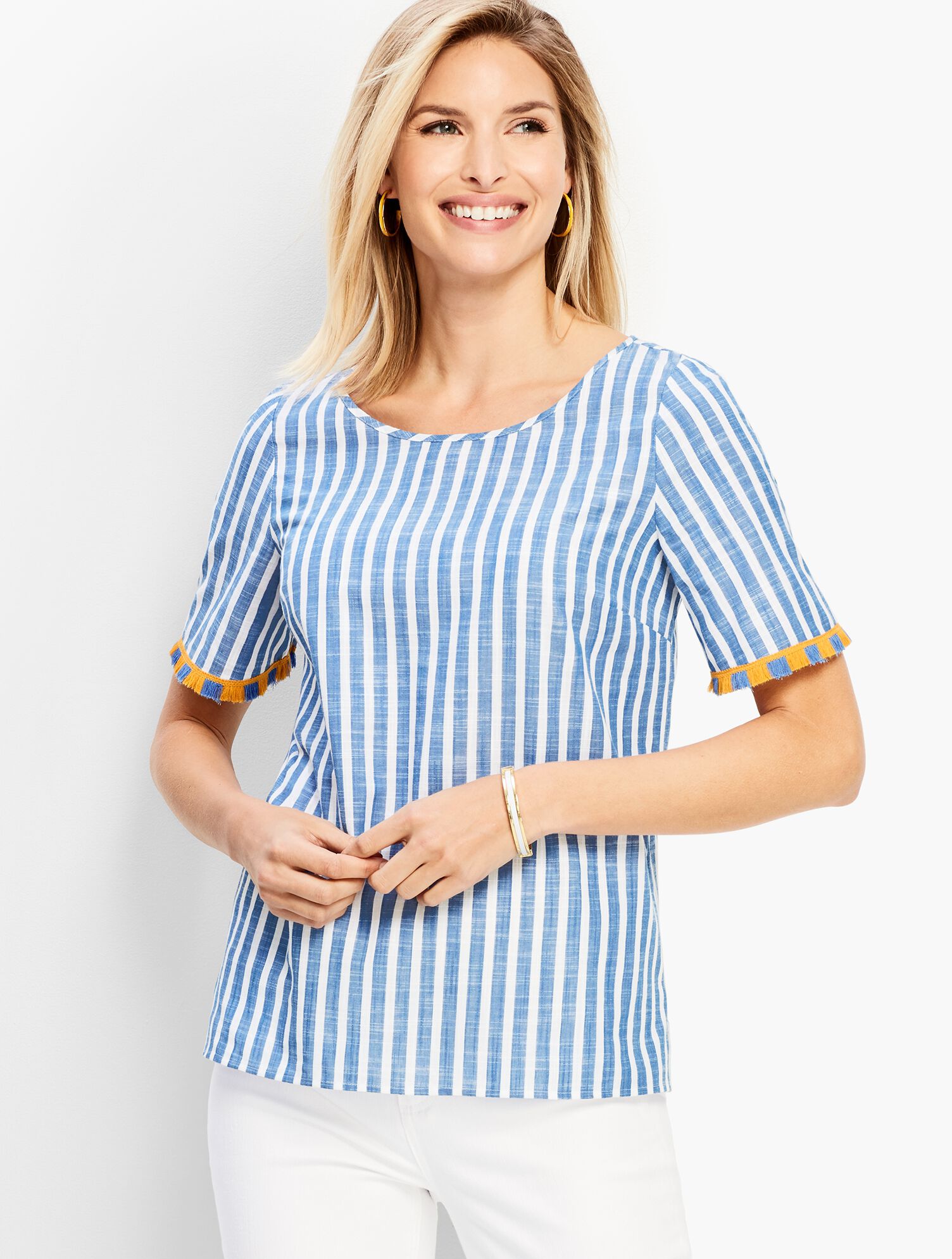 Pacific Stripe Fringe-Sleeve Top