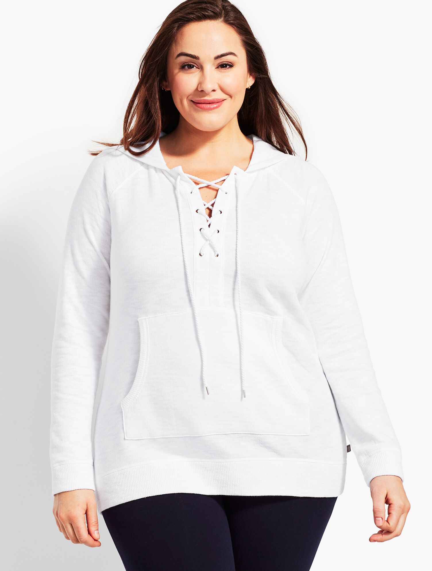Lace-Front Double-Knit Hooded Pullover