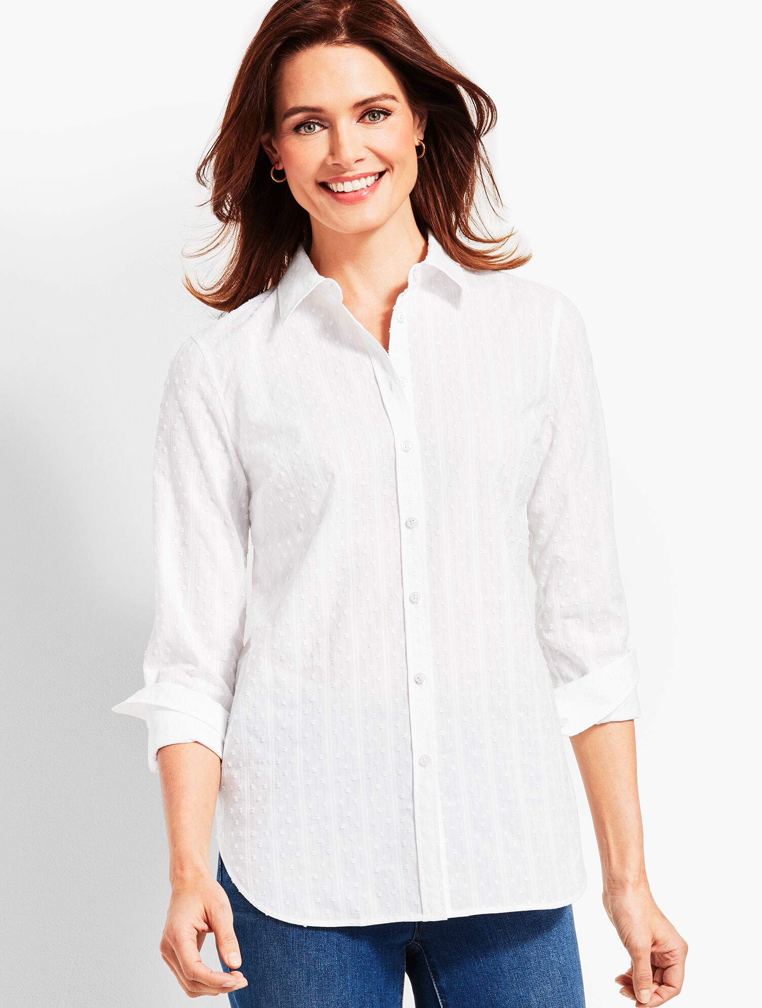 Long Sleeve Solid Shadow Swiss Dot Button Front Shirt