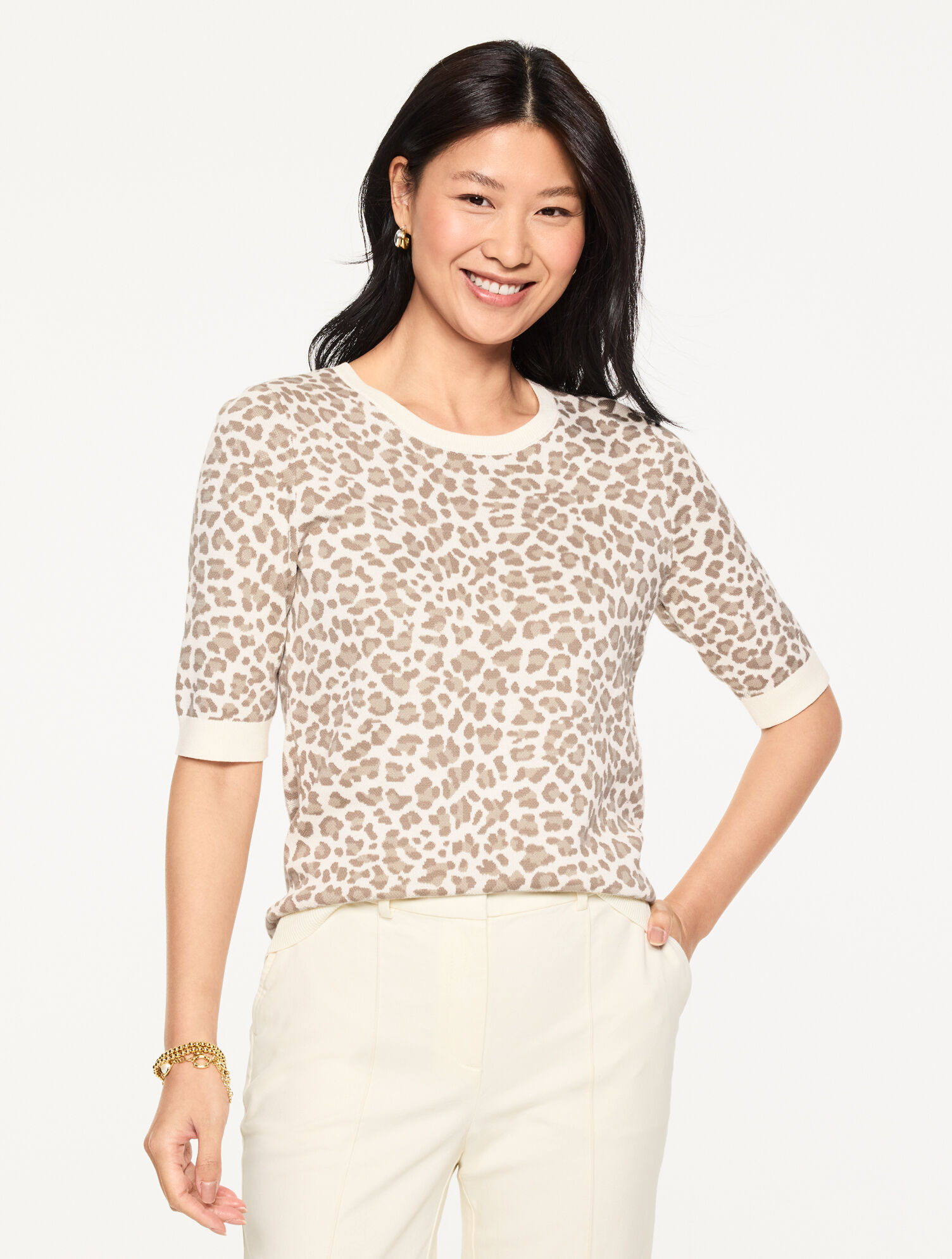 Jacquard Elbow Sleeve Pullover - Alluring Leopard
