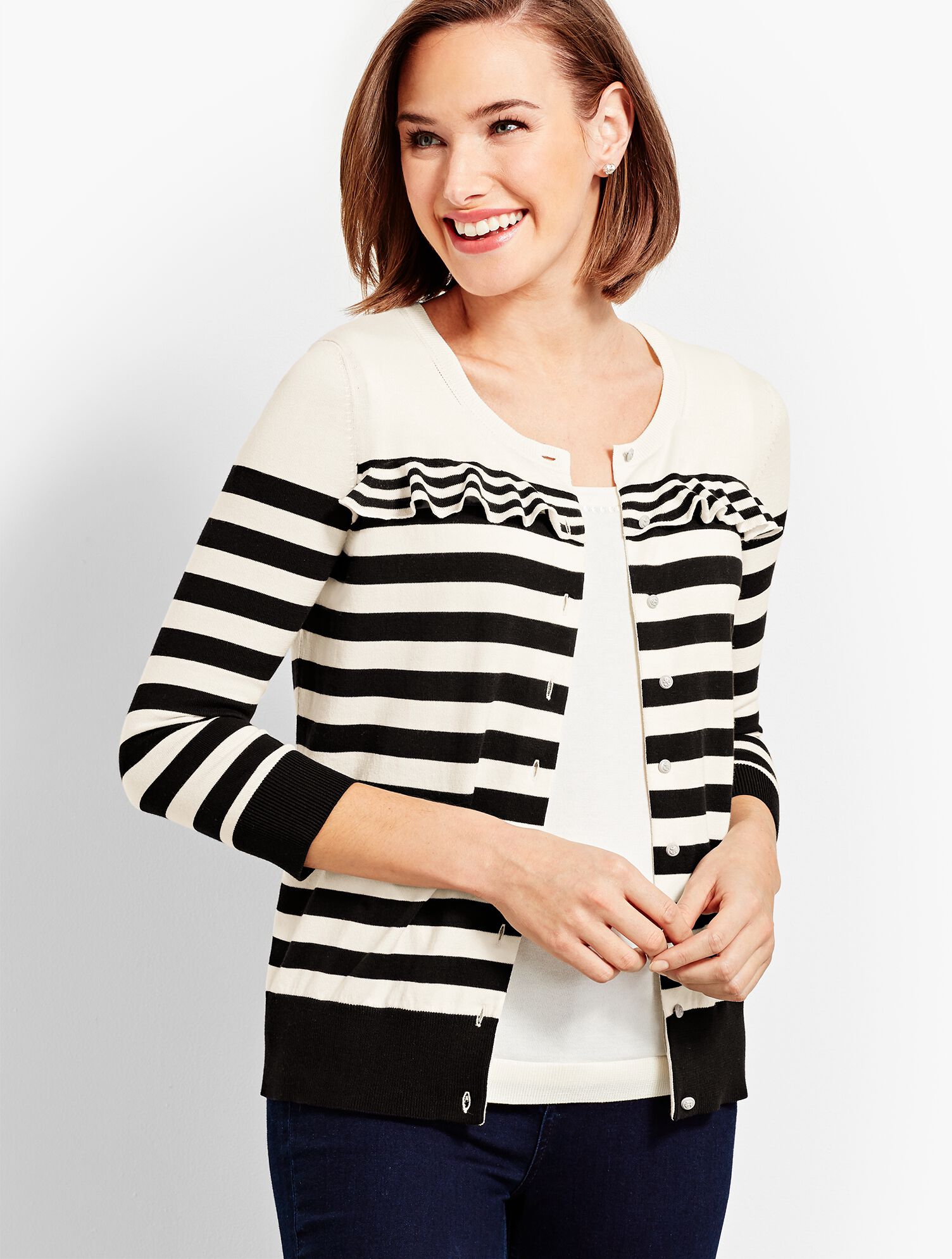 Charming Cardigan - Stripe Ruffle Yoke