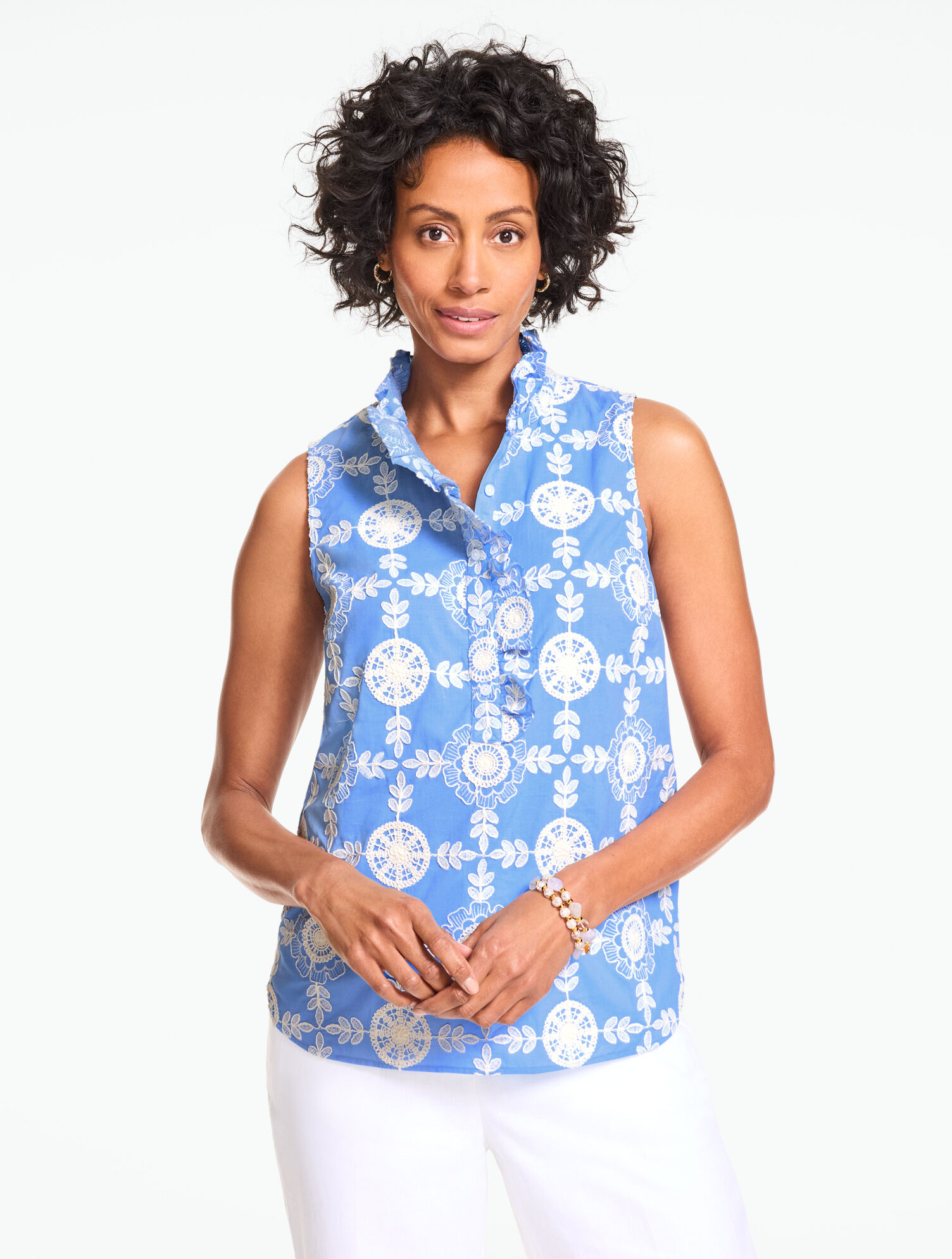 Embroidered Ruffle Neck Top - Seabloom