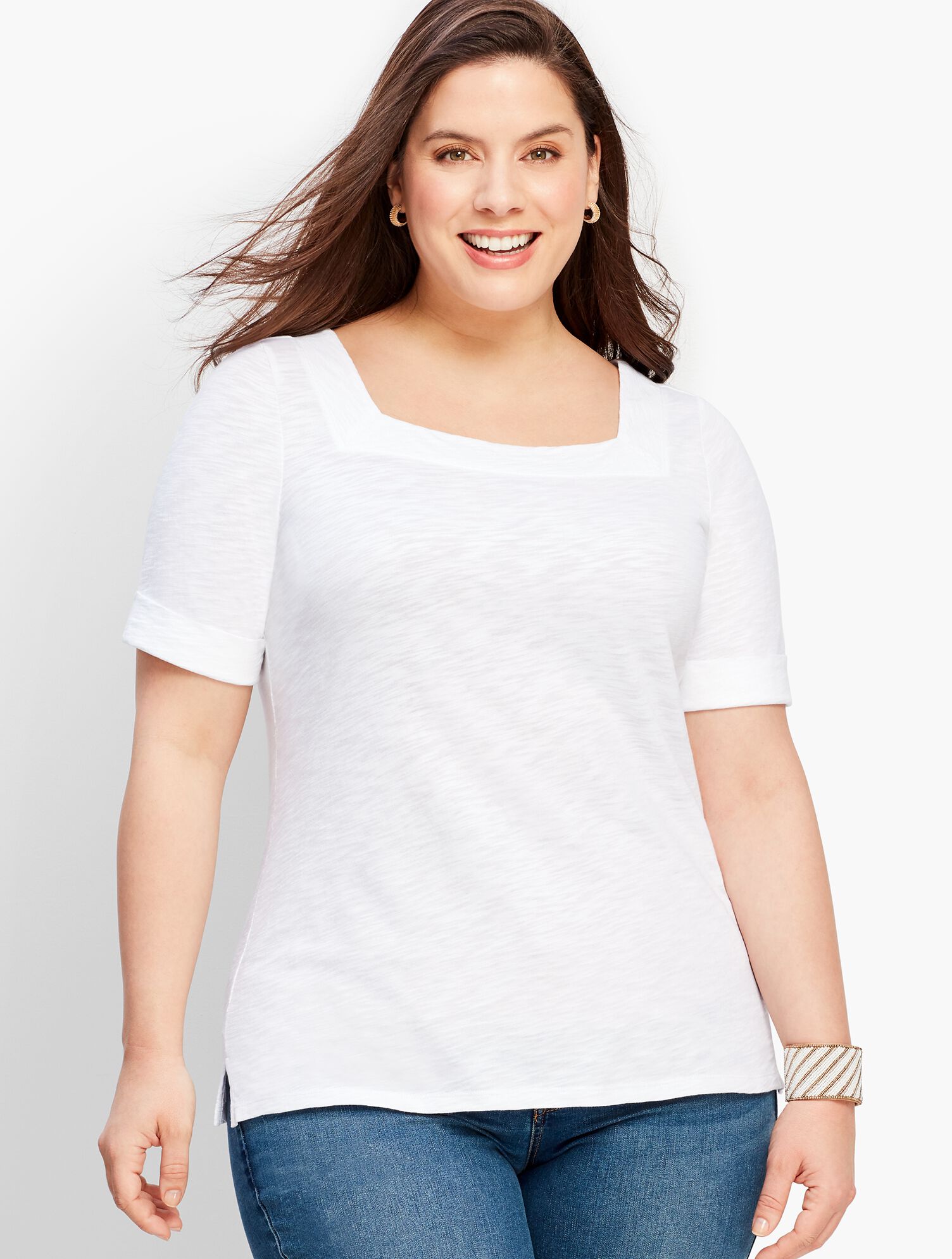 Roll-Cuff Square-Neck Tee