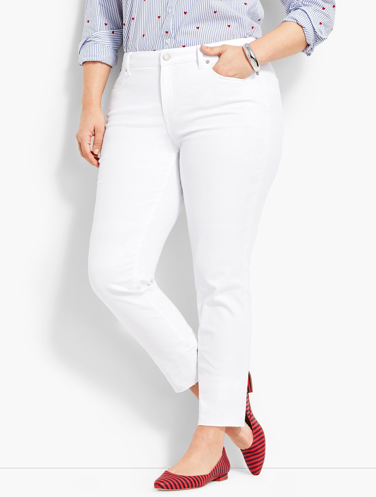 Patched Denim Slim Ankle - White