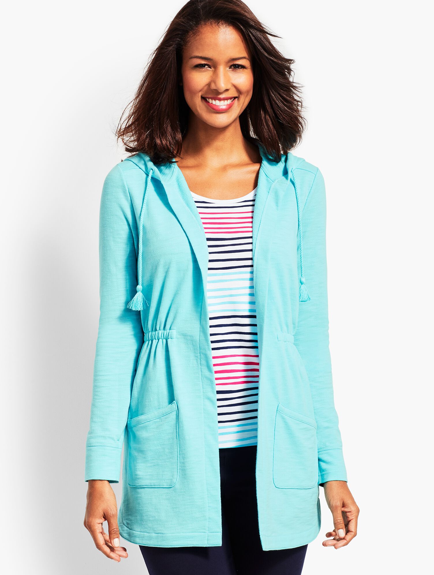 Slub Terry Cinched-Waist Hooded Cardigan