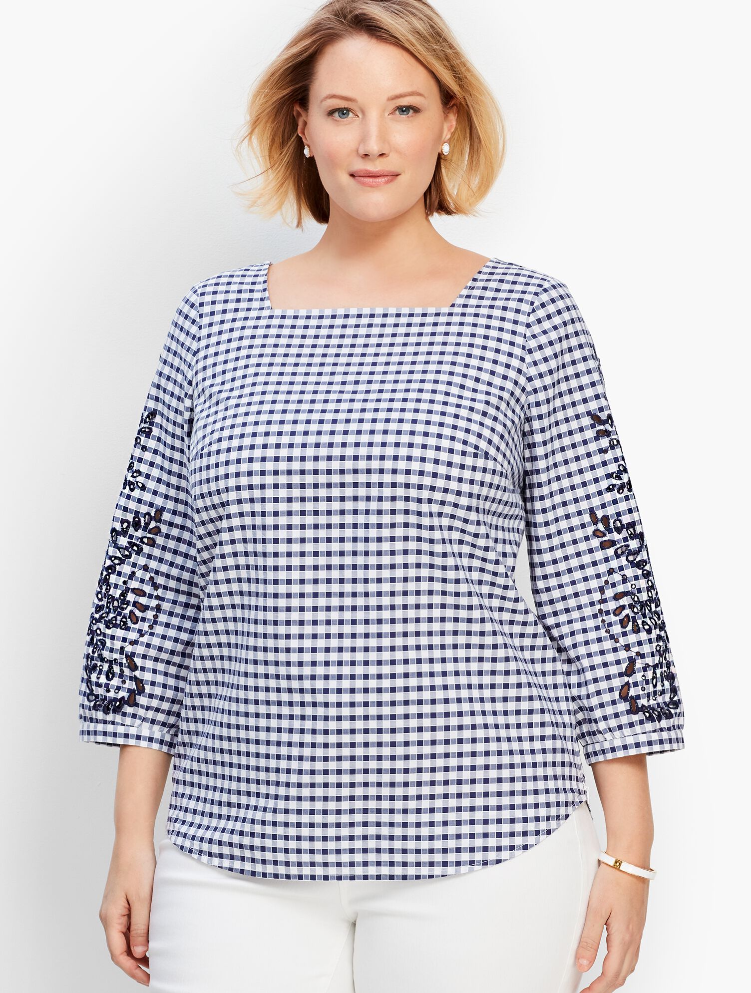 Embroidered-Sleeve Gingham Check Shirt