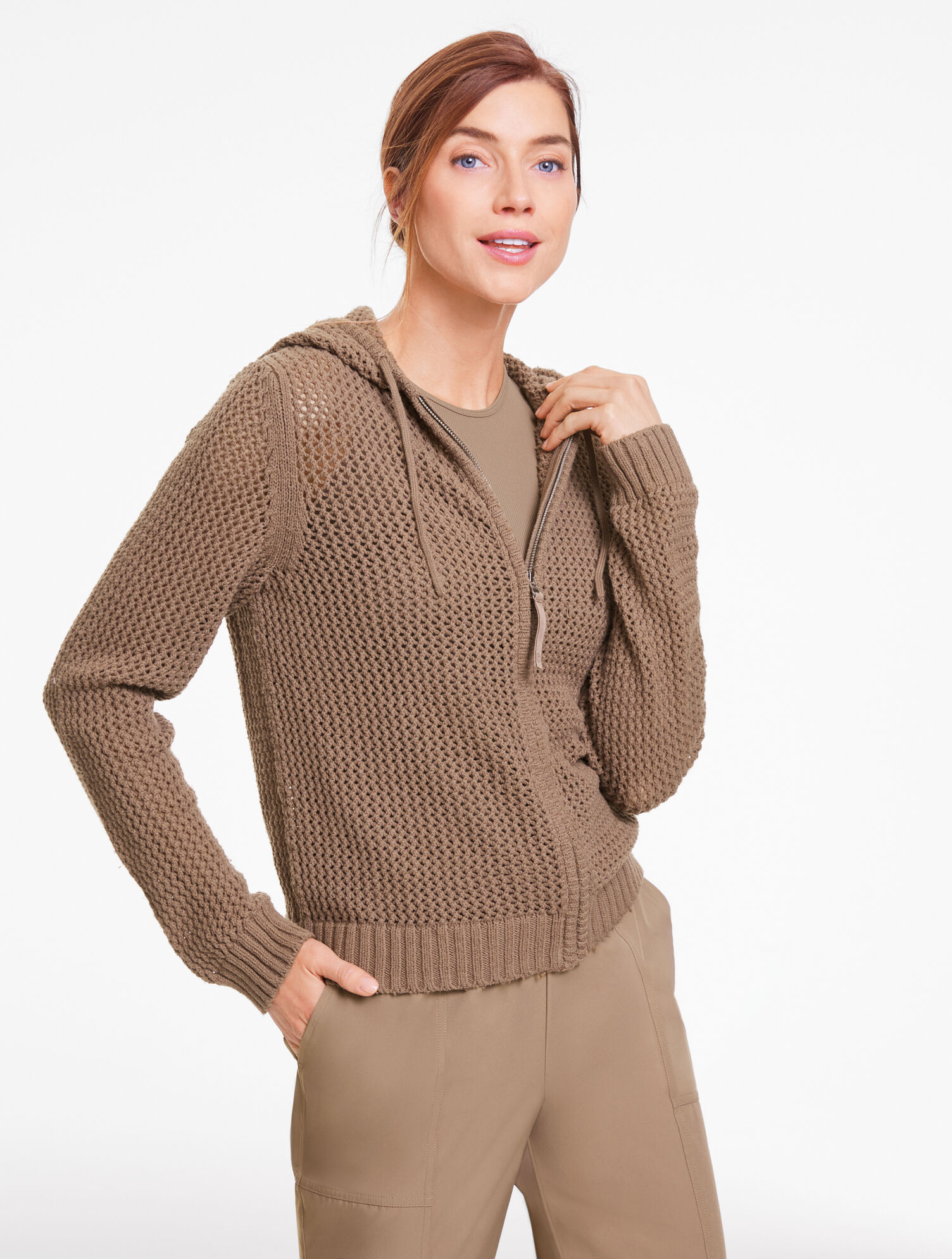 Open Stitch Full-Zip Hooded Sweater