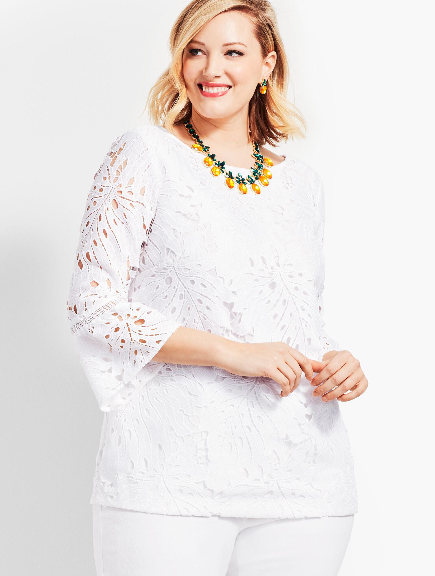 Leaf-Lace Flounce-Sleeve Top