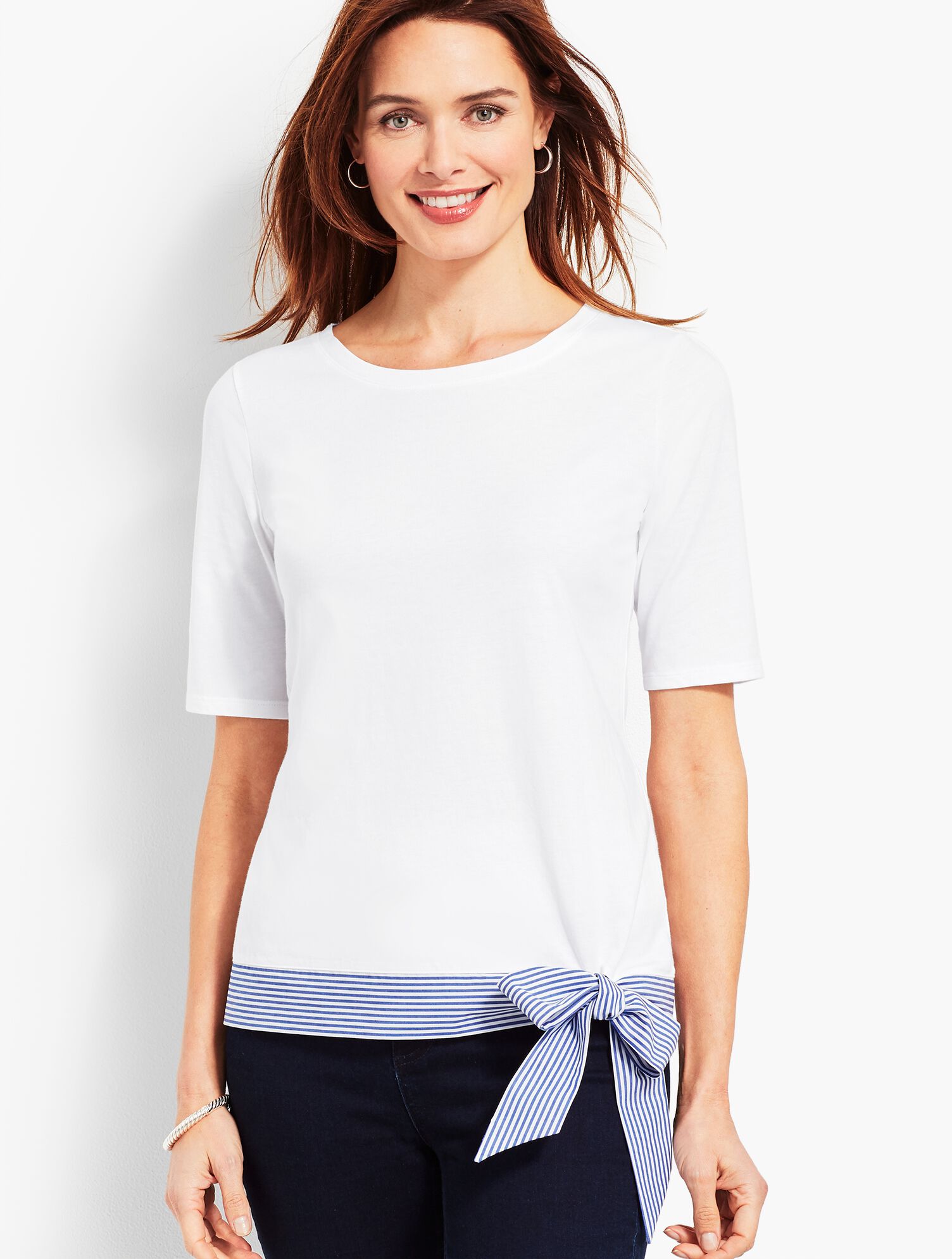 Elbow-Sleeve Tee With Striped Hem and Bow