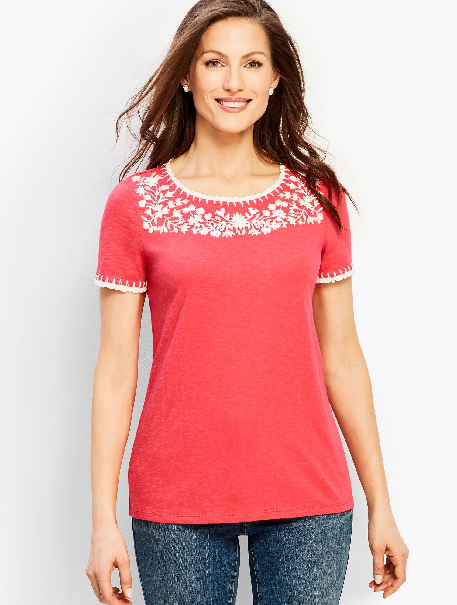 Embroidered-Yoke Crochet Trim Tee