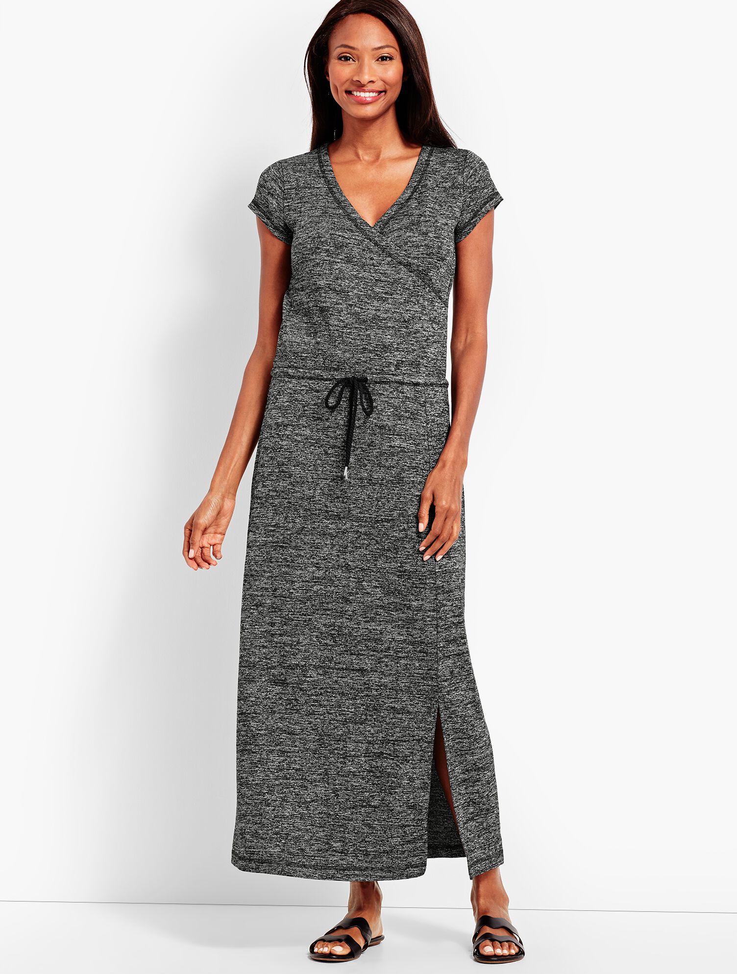 Marled Soft-Drape Jersey Drawstring-Waist Dress