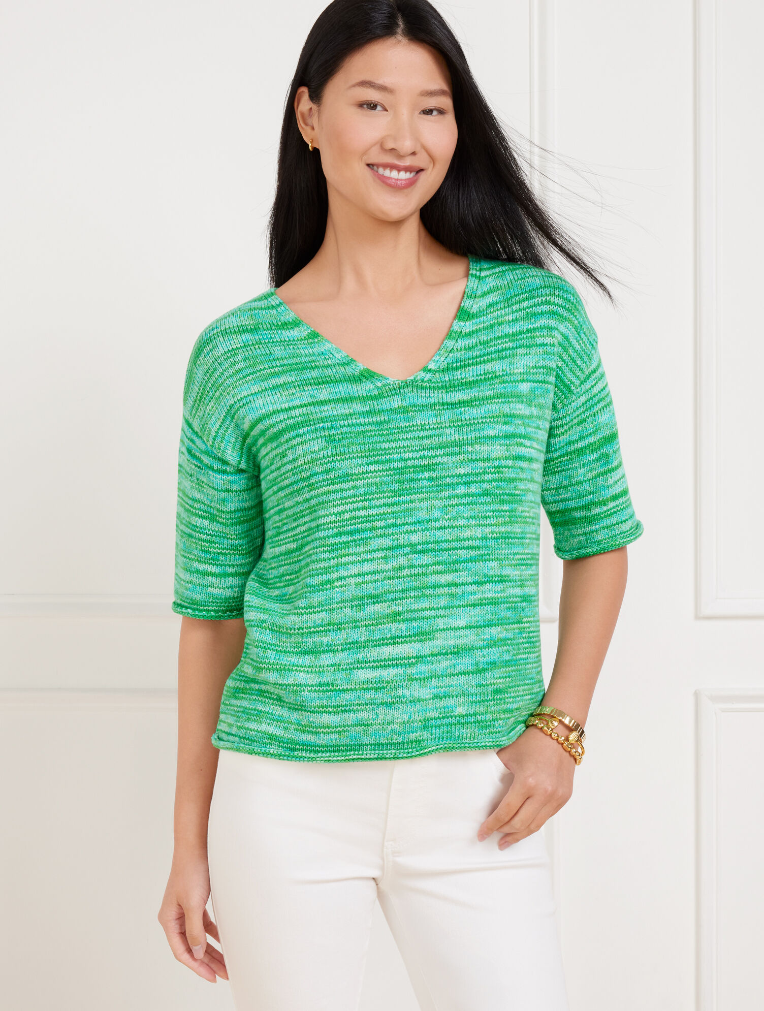Elbow Sleeve V-Neck Pullover - Space Dye