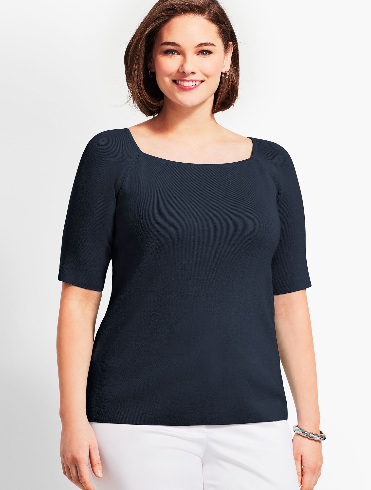 Square-Neck Elbow-Sleeve Sweater Topper
